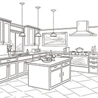 Line drawing of a modern kitchen with an island, cabinets, hanging lights, and a stove.