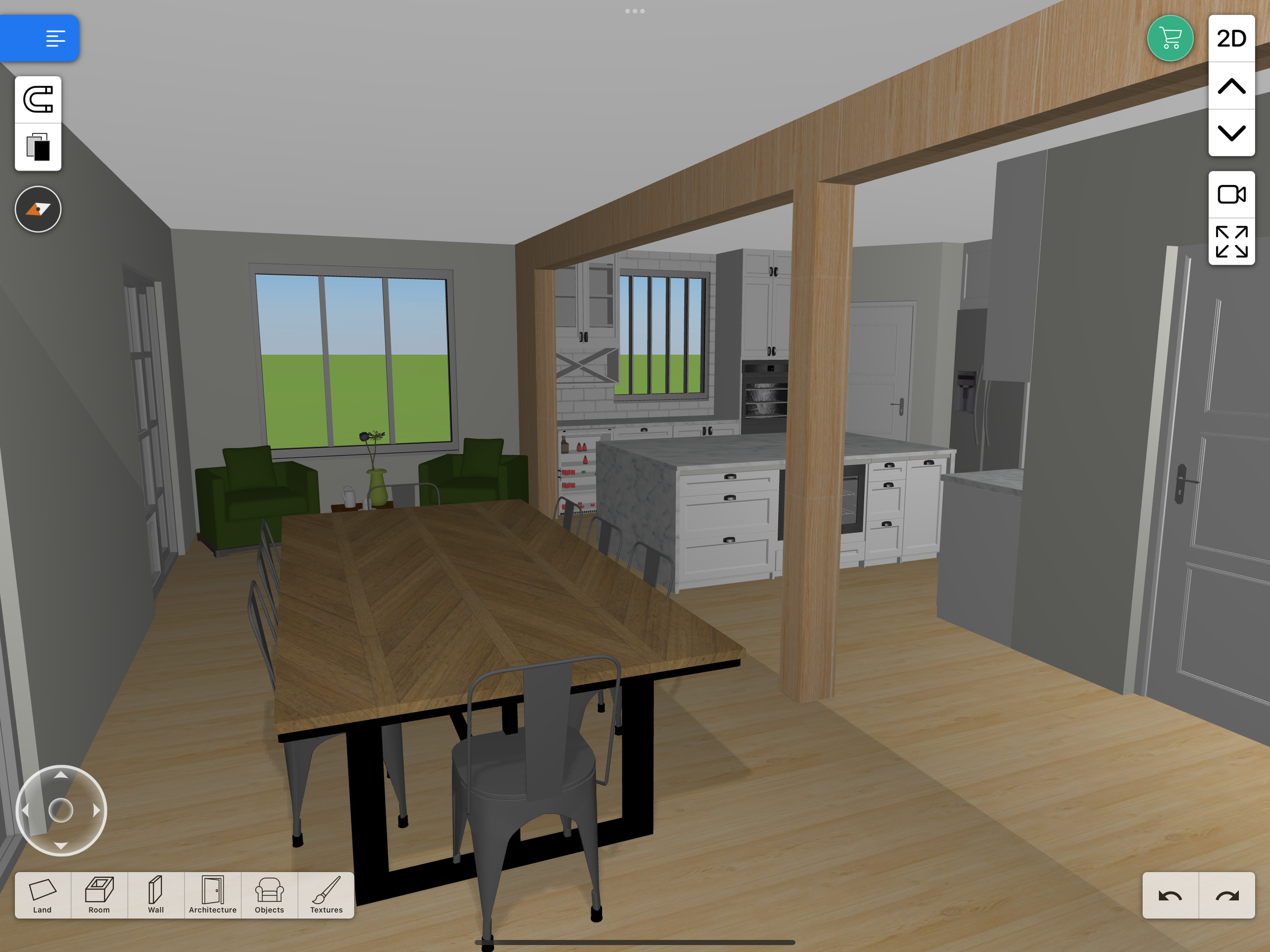 3D rendering of a modern open-plan kitchen and dining area with a large wooden dining table, metal chairs, and a kitchen island. The space features light wooden flooring, gray walls, green armchairs by the window, and large windows providing natural light.