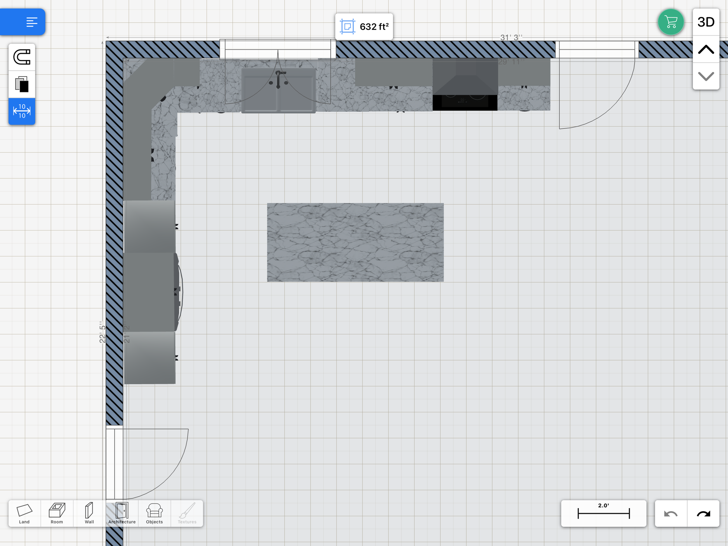 Floor plan of a kitchen with counters, appliances, and center island, labeled with dimensions in square feet.