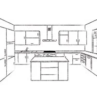 Sketch of a modern kitchen layout with cabinets, island, and appliances.