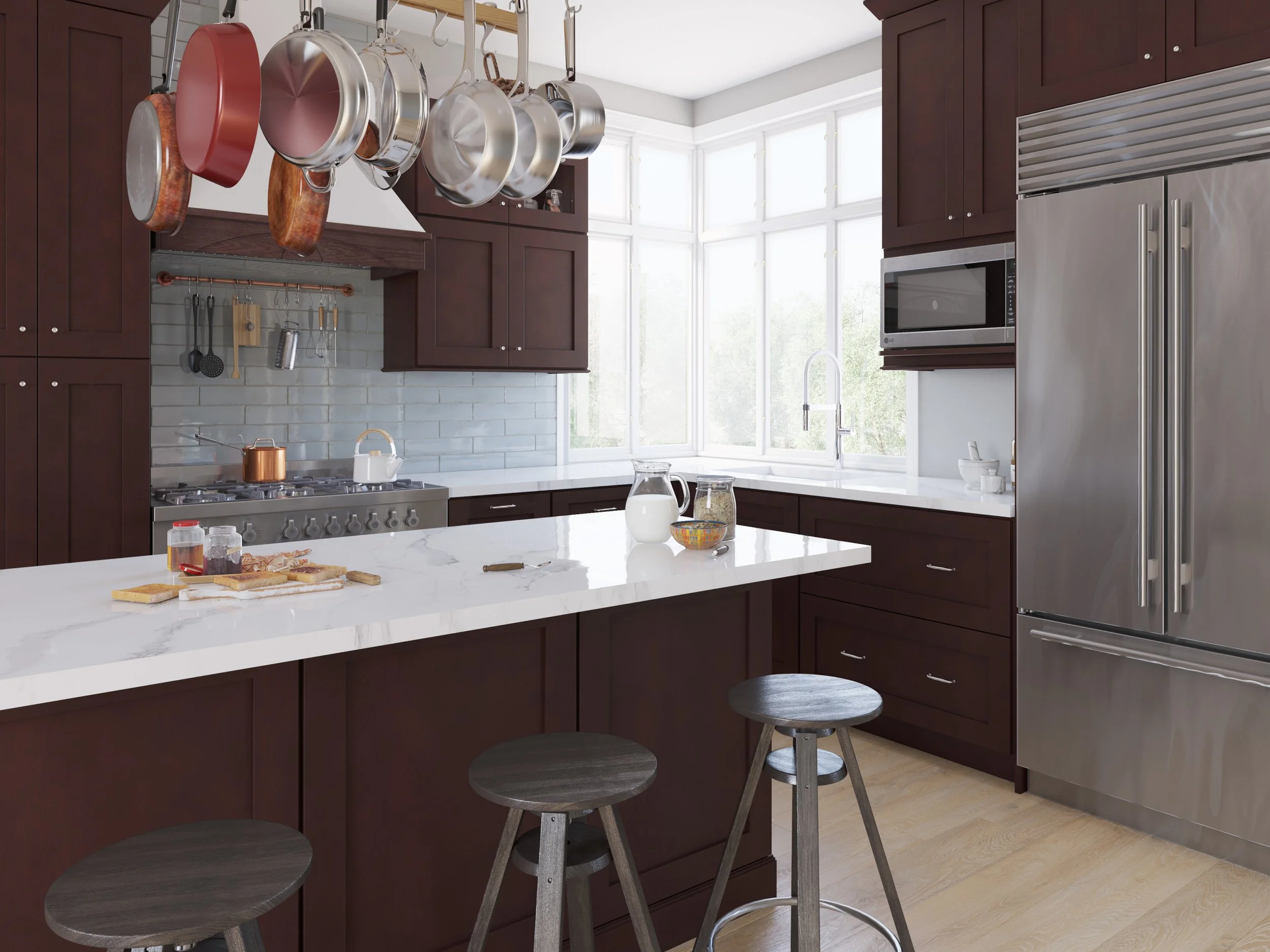 Modern kitchen with dark wood cabinets, stainless steel appliances, hanging pots, and a white marble countertop island with bar stools.