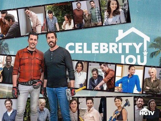 Collage of various people working on home projects, with two men in the center promoting a show called "Celebrity IOU" on HGTV. The image shows several individuals engaged in renovation tasks like painting and using tools.