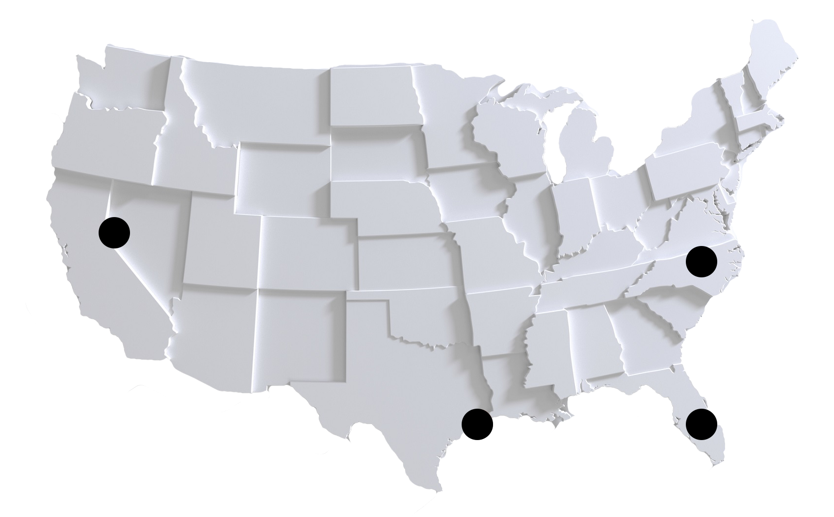 3D map of the United States with four locations marked by black circles.