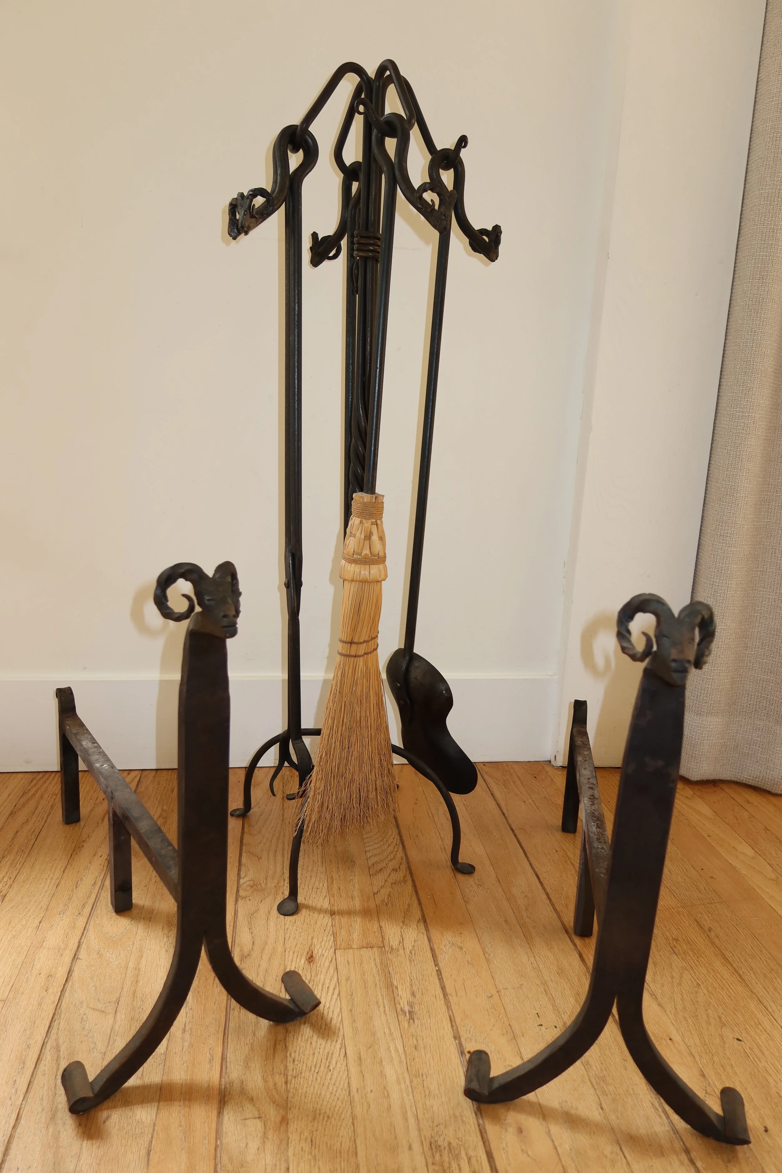 Vintage Hand Wrought Iron Ram's Head Fireplace Set