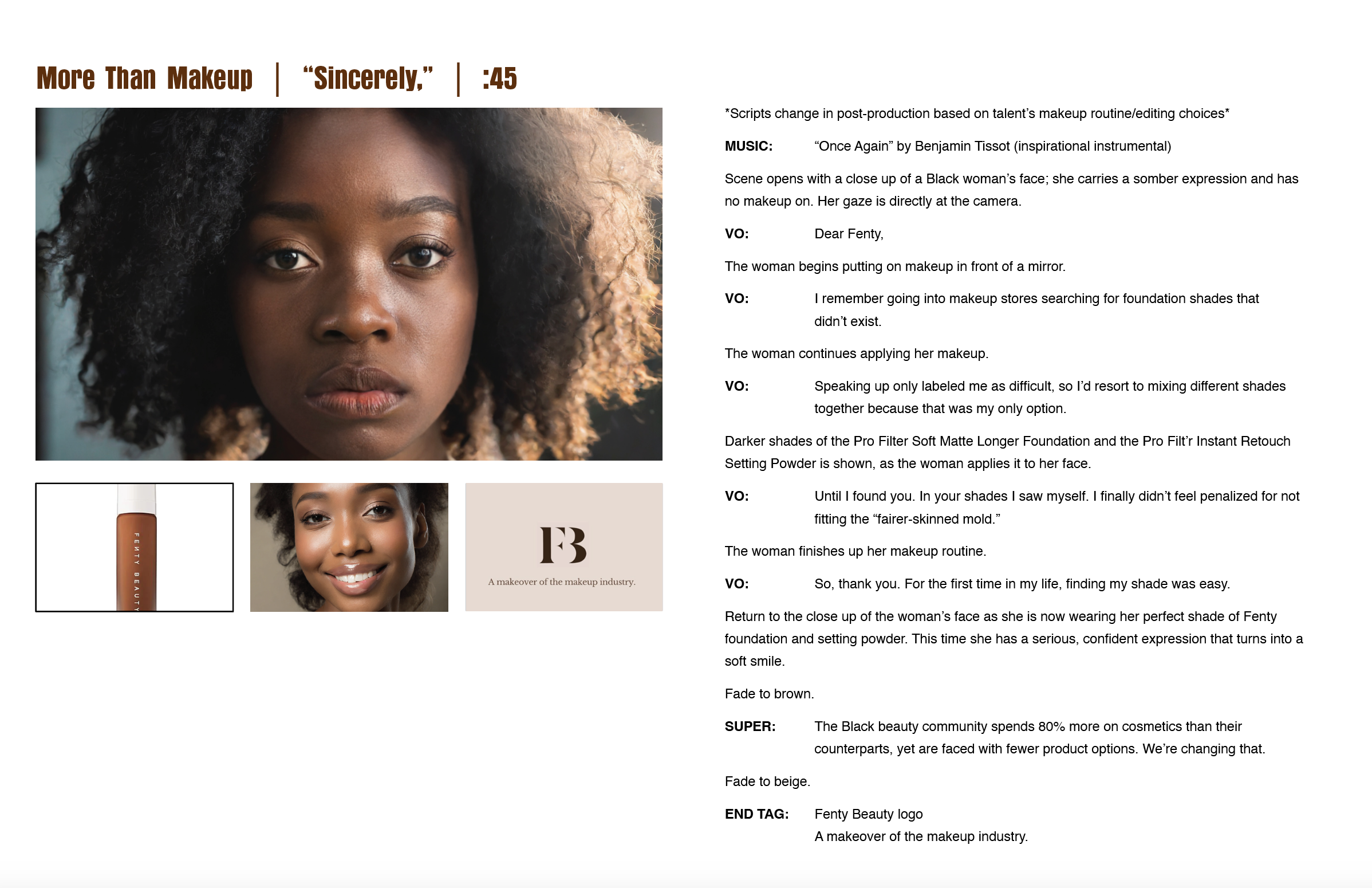 "Sincerely," Script for Fenty Beauty More Than Makeup Campaign