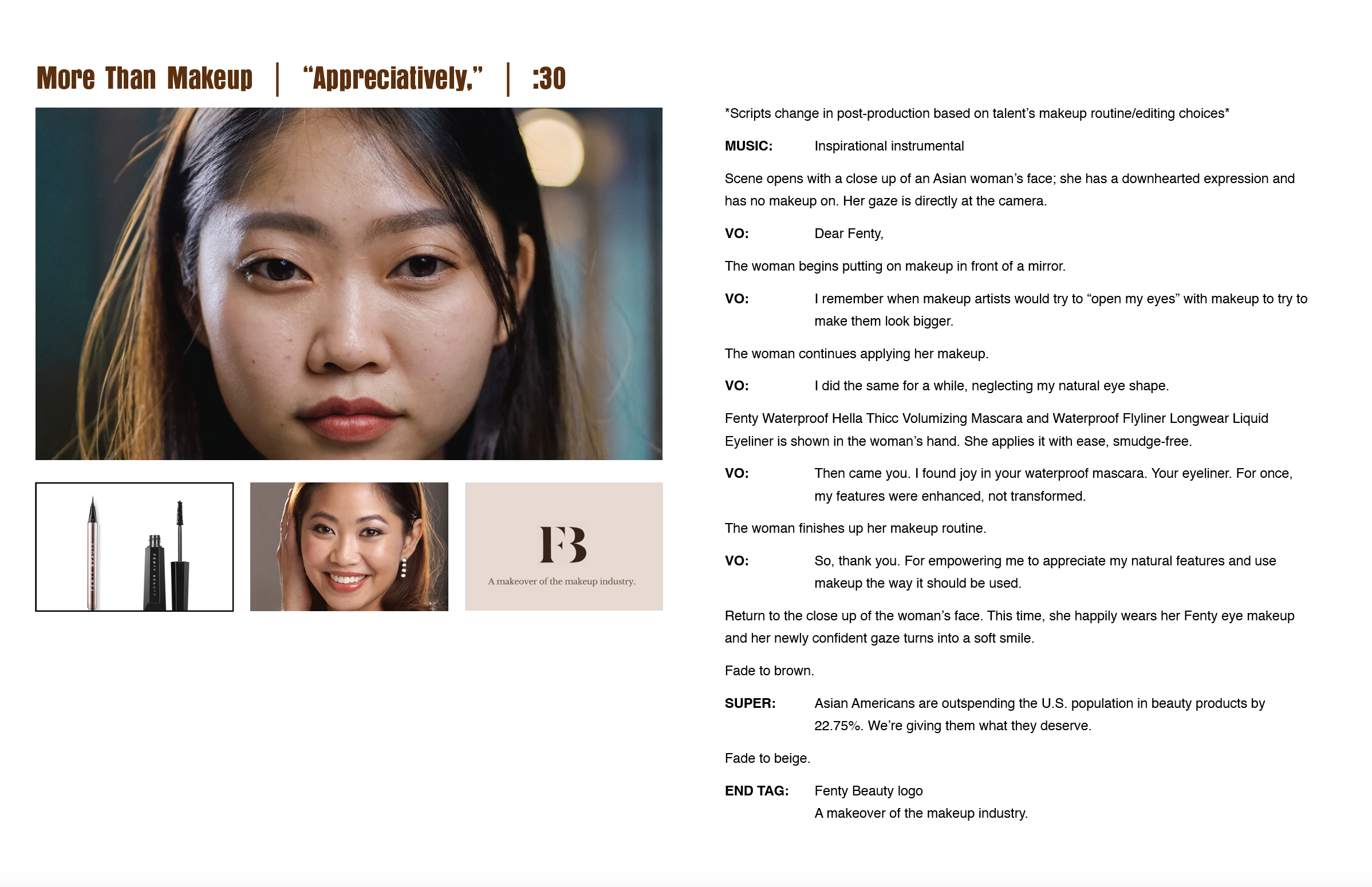 "Appreciatively, Script for Fenty Beauty More Than Makeup Campaign