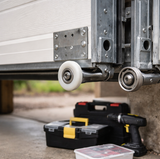 pair of nylon and steel garage door rollers side by side