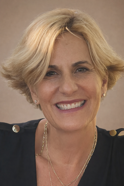 A woman with short blonde hair smiling outdoors, wearing a light blue striped shirt, with a background of trees and greenery.