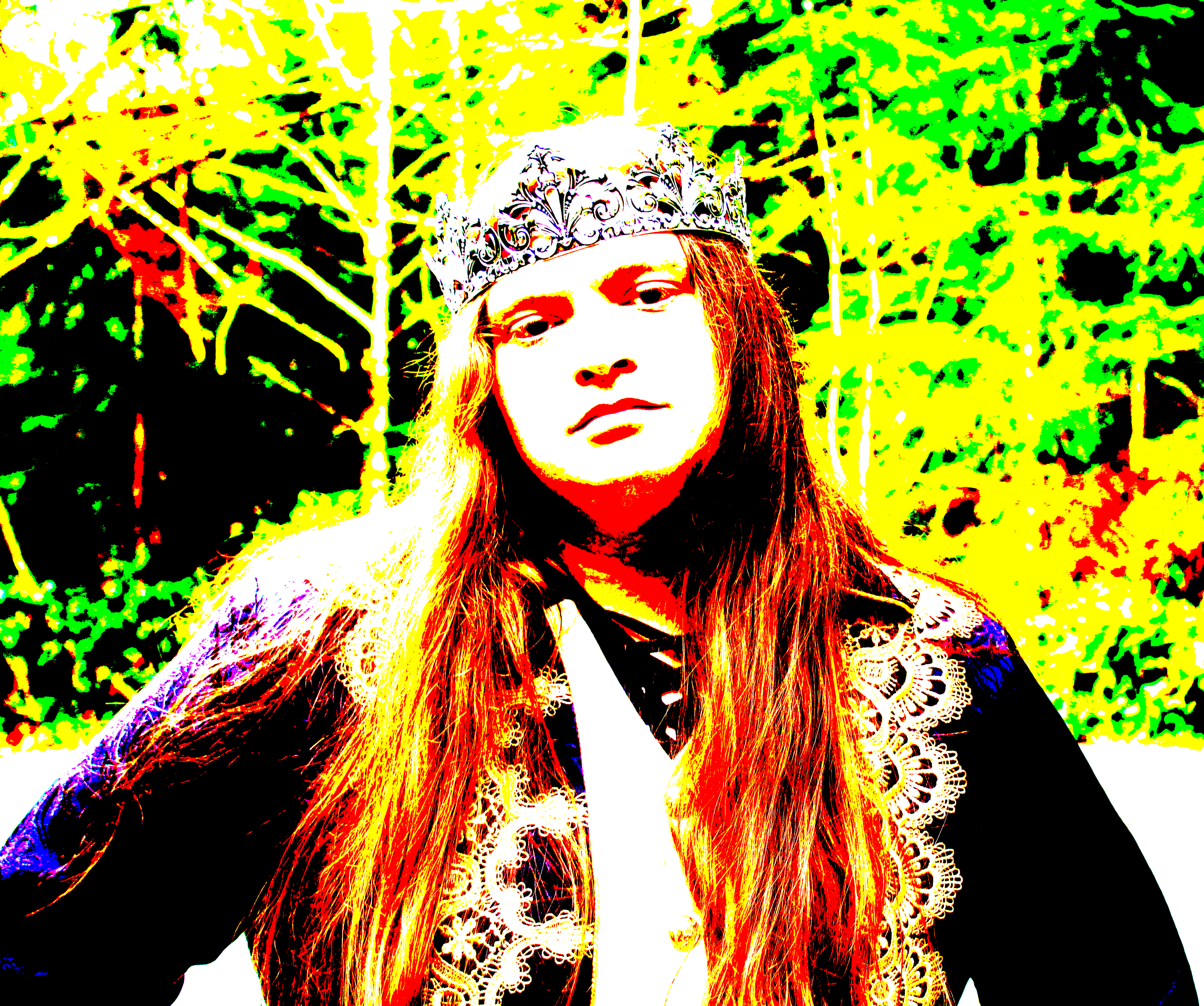 Stylized image of a person with long hair wearing a decorative headpiece, intricate clothing, and standing outdoors with trees in the background.