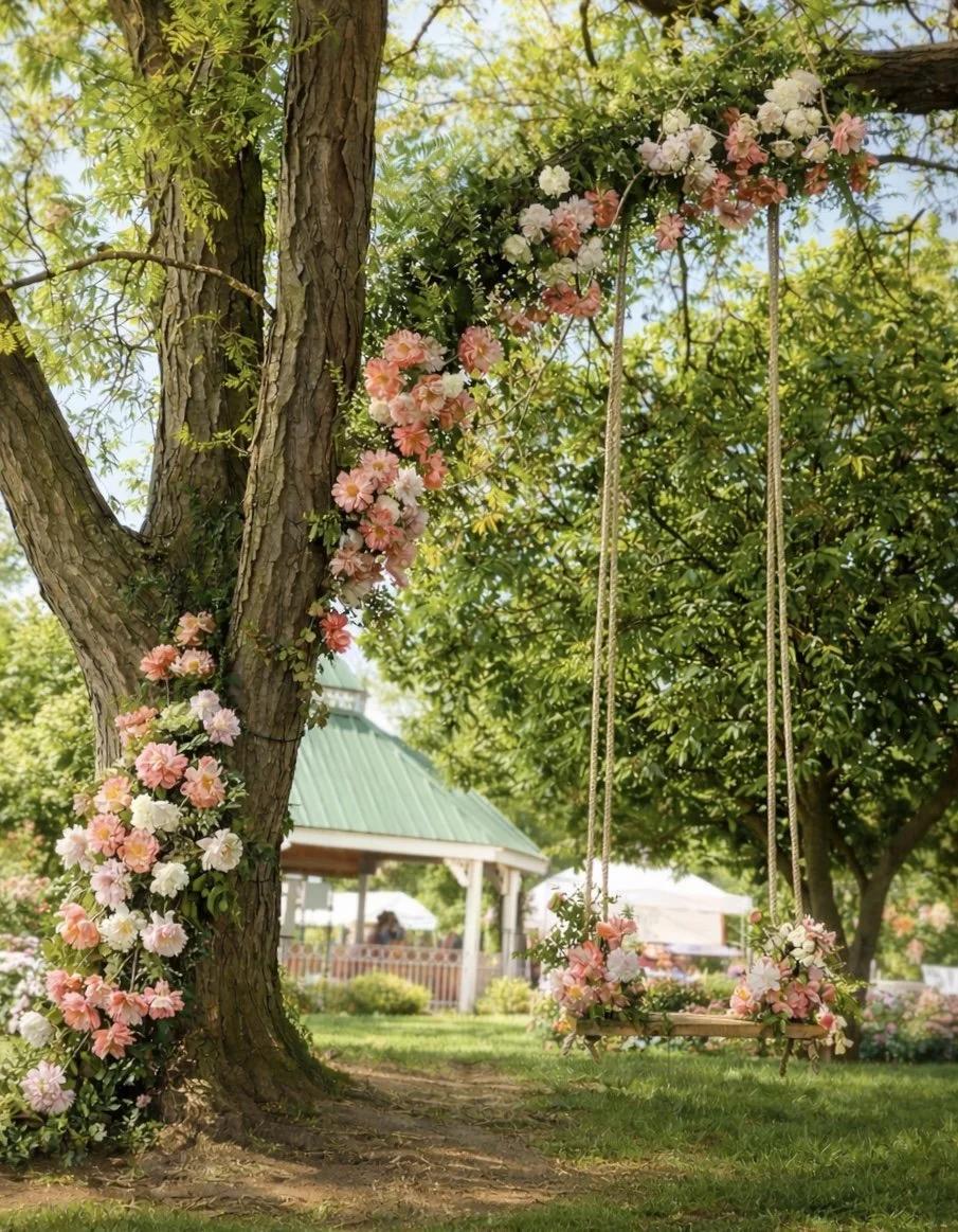 A swing hanging from a tree branch, decorated with pink and white flowers, in a park with green trees and a gazebo in the background.