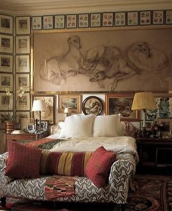 Interior Inspiration | This image by @rolandbeaufre showing Robin Birley&rsquo;s former bedroom has been a point of reference today. Particularly the generously proportioned whippets above the bed, drawn by his sister India. Big yes to whippets, big 