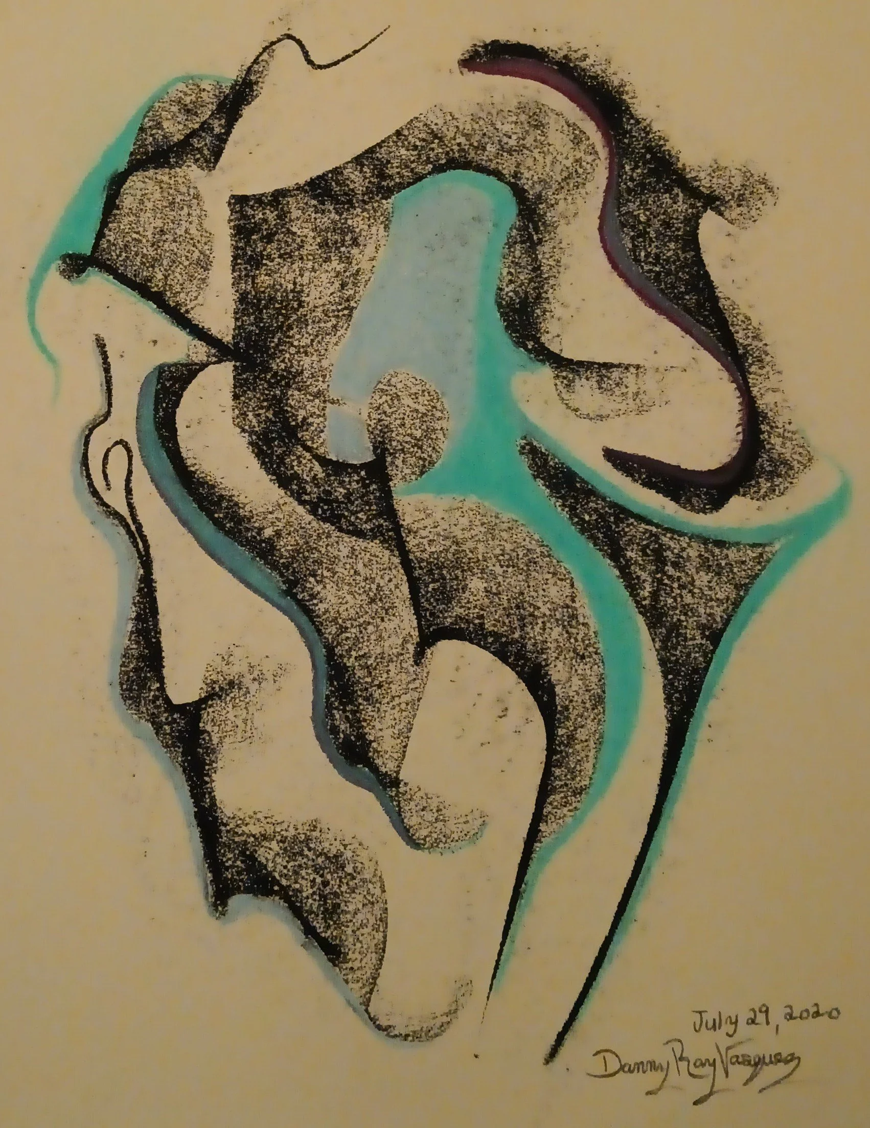 2020 | Abstract shapes in black with hints of blue and turquoise meander across the surface, creating a sense of dynamic movement.