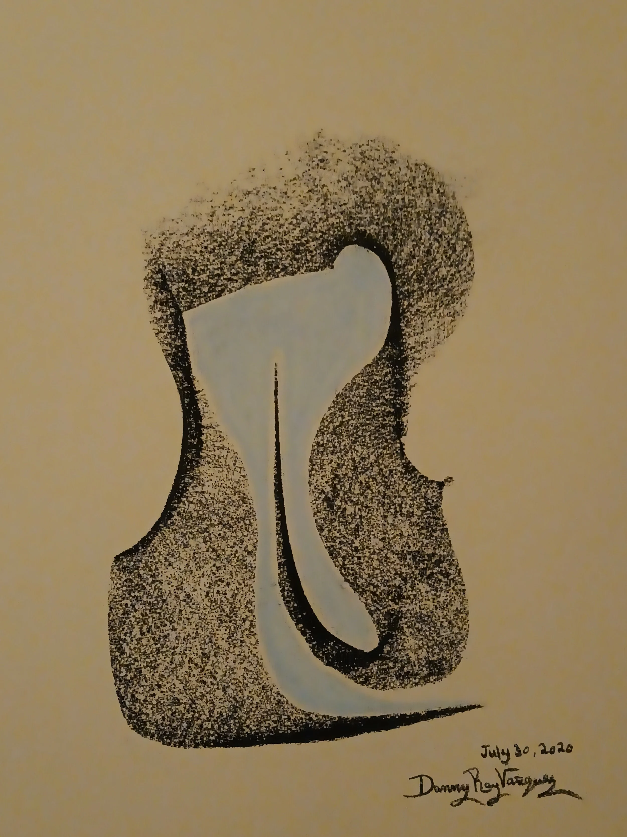 2020 | A striking abstract design with a central white shape surrounded by dense black stippling dominates the composition. The contrast between the white and black areas creates a sense of depth and movement.