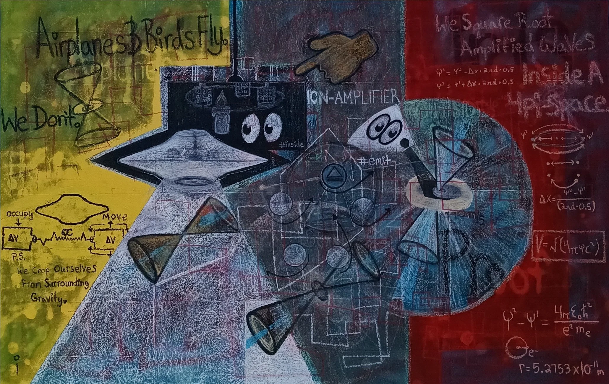 2024 | Title: Phenomena - Mixed media painting expressing Danny’s mathematical proof of absorbent space and explores his deepest thoughts on primal extraterrestrial space vehicles. The painting conceptualizes the hidden truth of primal beings adoptin