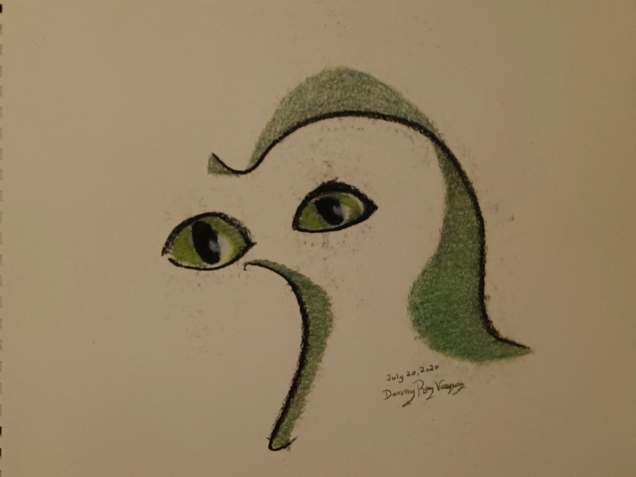 2020 | A simple sketch of a green, abstract face with prominent eyes and a long, curved nose is shown against a light background. It has a whimsical or cartoon-like style.