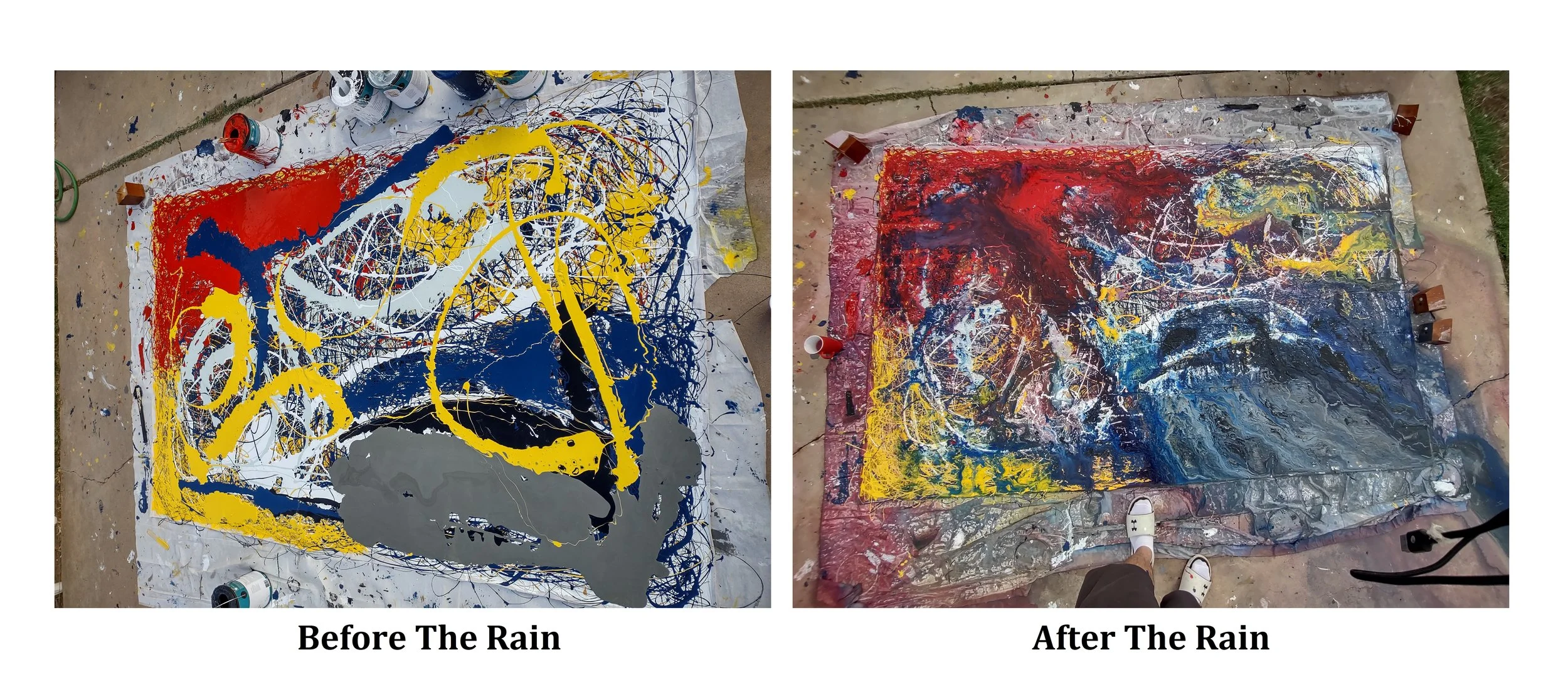 Side-by-side photos showing abstract splatter paintings on canvas before and after rain. The left has bright primary colors with visible paint drips, the right has darker, muddier colors with a more blended appearance.