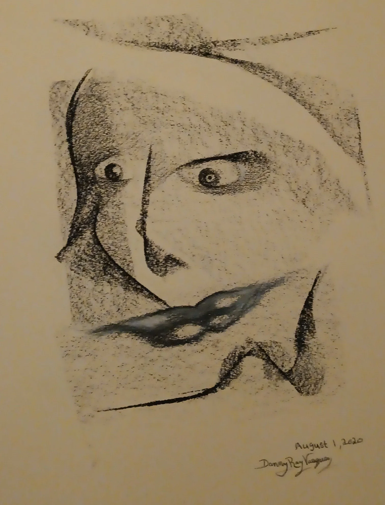 2020 | A black and white sketch presents a stylized facial expression, with prominent eyes and abstract features.