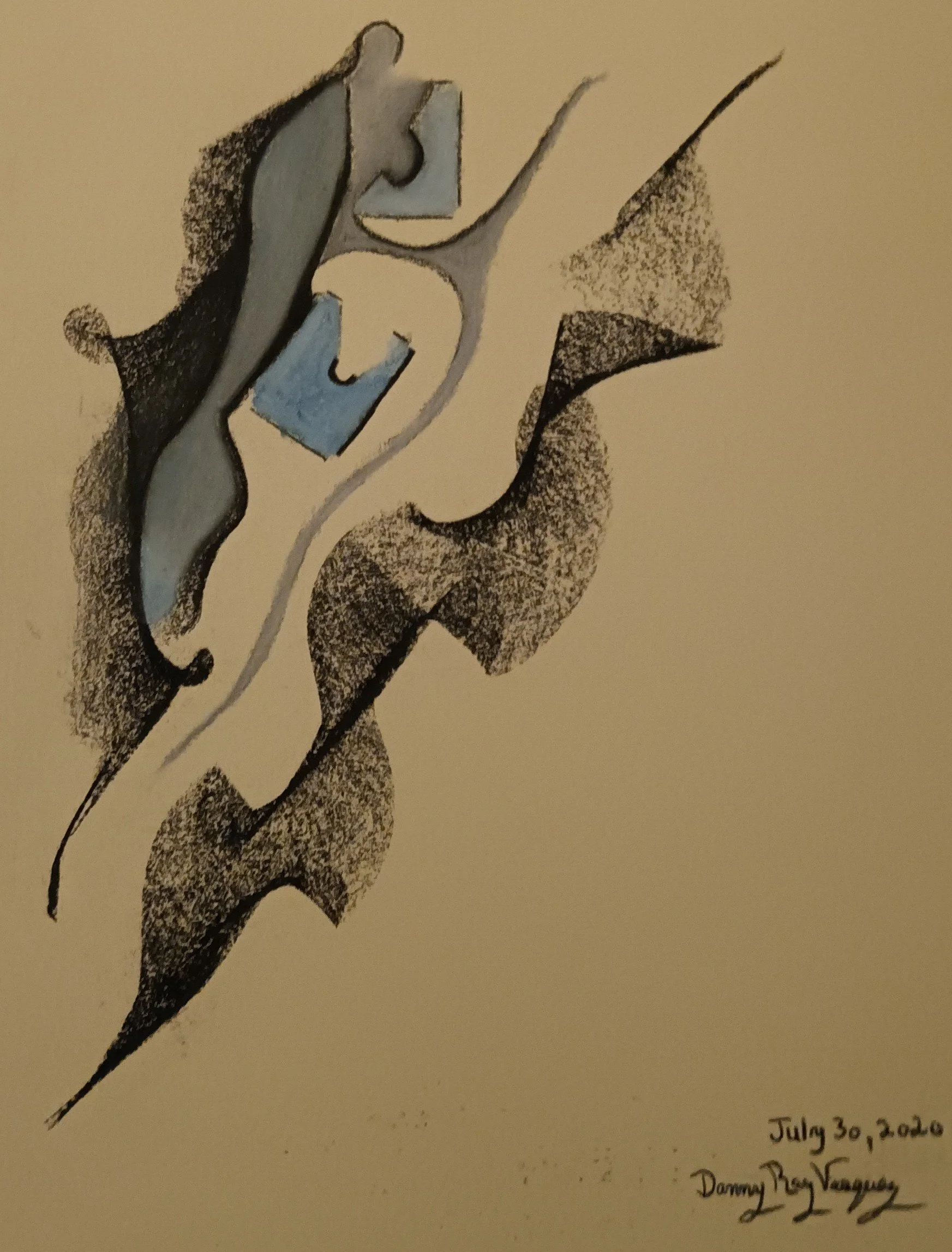 2020 | An abstract composition with curvilinear shapes dominates the center, featuring shades of black and blue on a beige background.