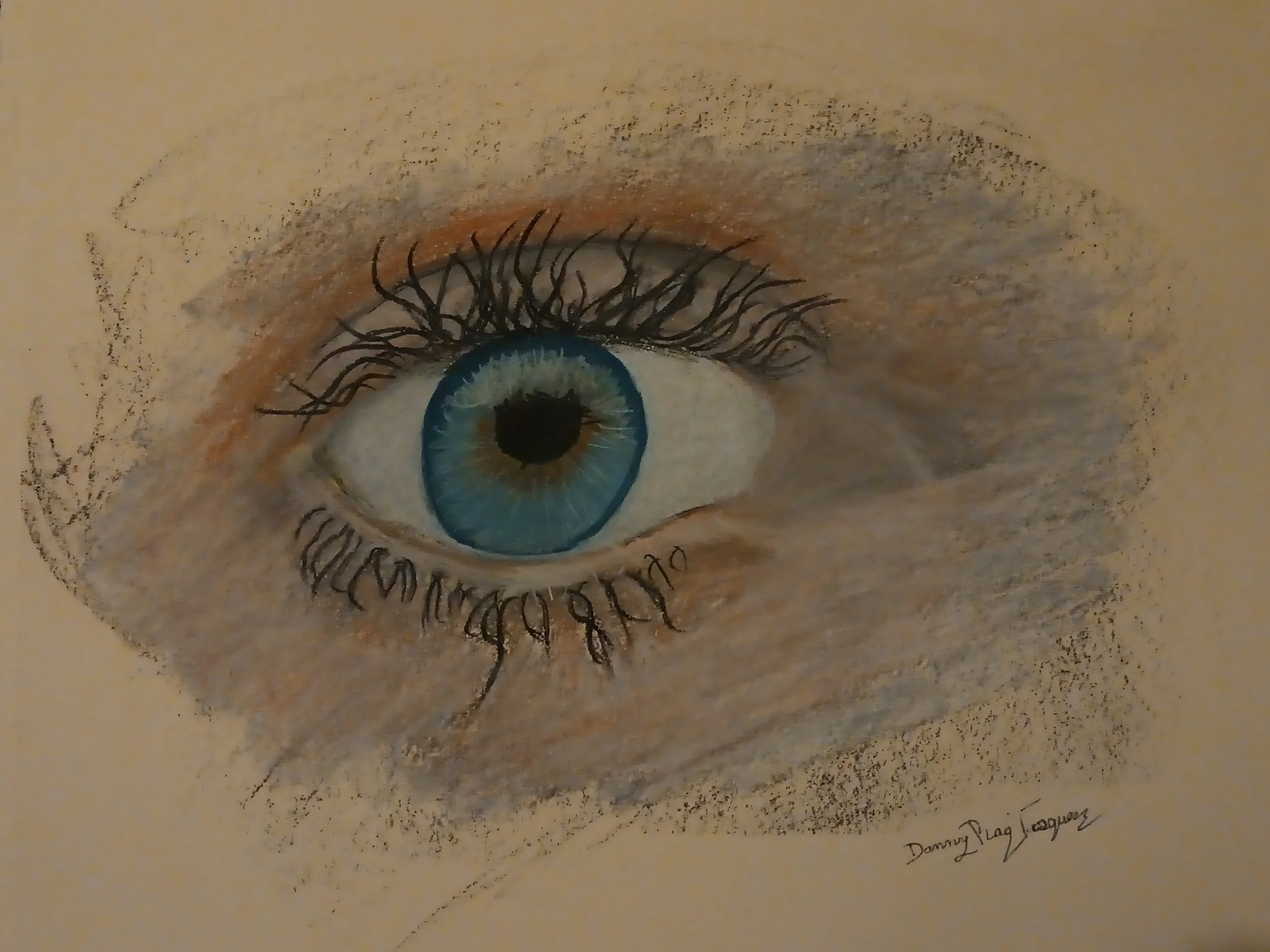 2020 | A striking blue eye is captured in detail against a beige background, with emphasis on the iris and the surrounding eyelashes. The light reflects off the cornea, adding a sense of depth and realism to the portrayal.
