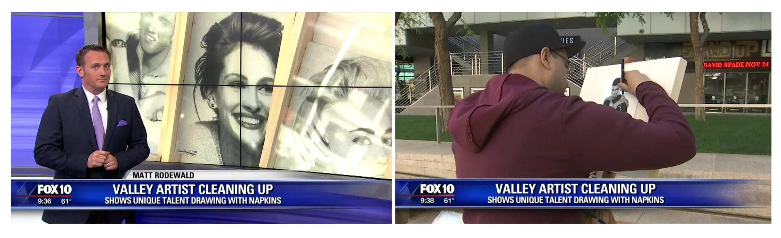 News broadcast from FOX 10 showing a man in a suit on the left and an artist drawing portrait on the right. The caption reads 'Valley Artist Cleaning Up Shows Unique Talent Drawing with Napkins'.