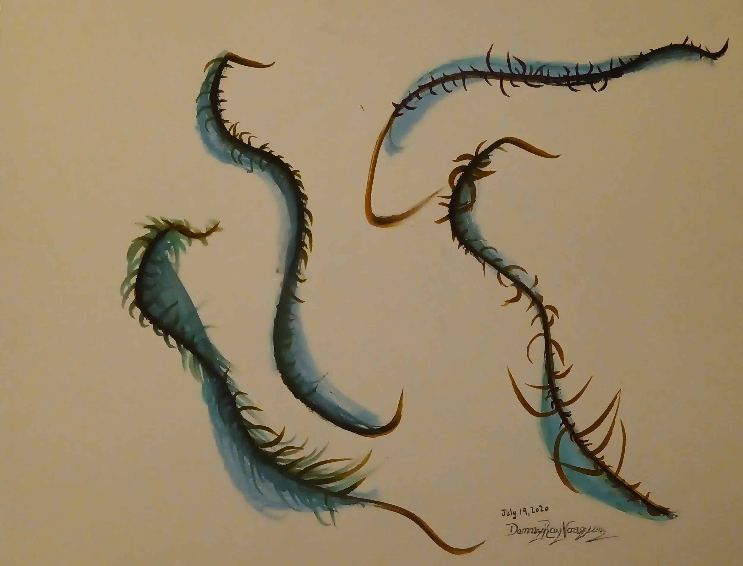 2020 | Three dragon-like creatures with serpentine bodies are depicted, each with different postures and what appear to be scales and spines along their backs. The creatures' design combines elements of fantasy and naturalism, suggesting movement and
