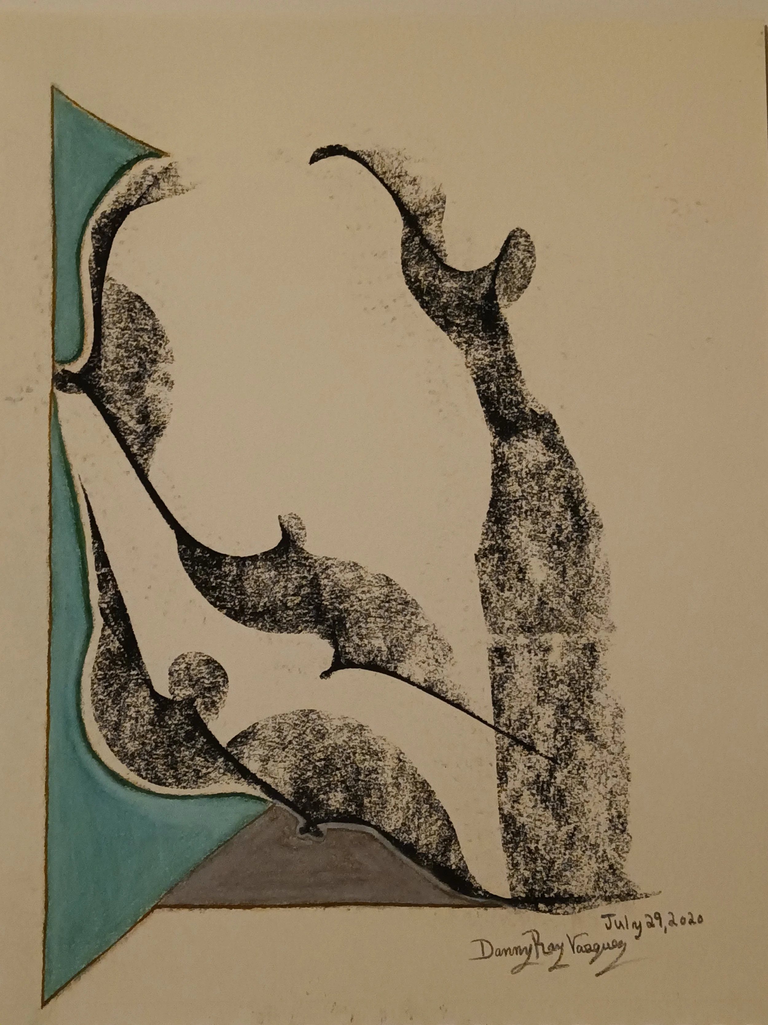 2020 | A pair of abstract forms dominate the composition, reminiscent of elongated figures interacting with each other, set against a pale background with a teal geometric shape. The forms are shaded with a speckled texture.