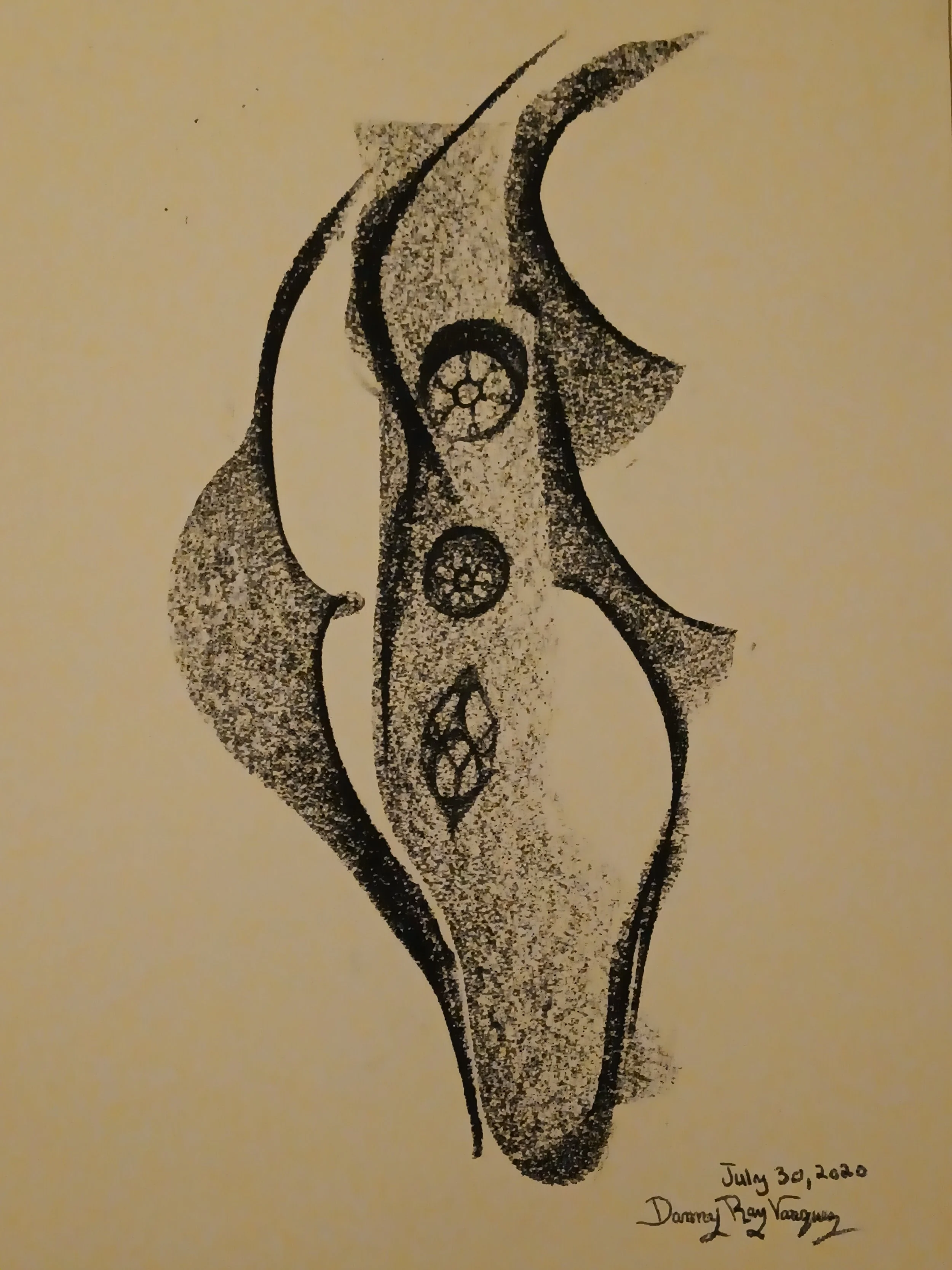 2020 | A black and white abstract sketch depicts organic shapes and patterns that bear a resemblance to bones or pods with geometric dimples. 