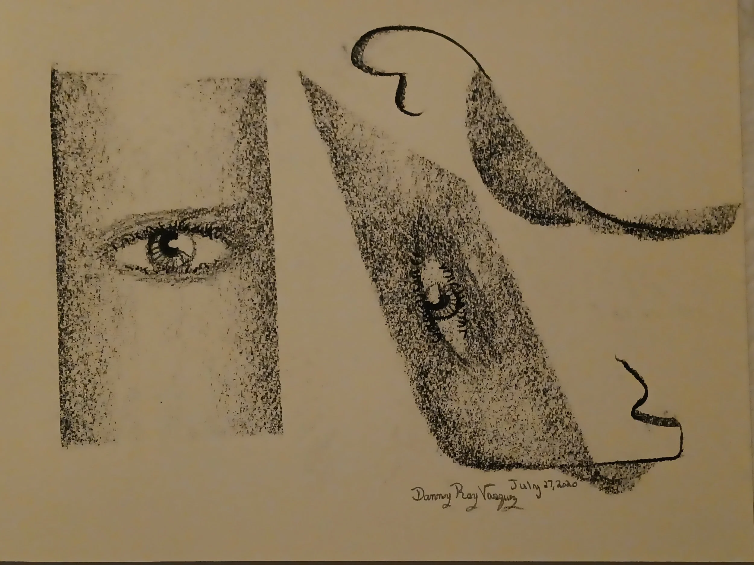 2020 | A pair of fragmented facial features are depicted using a shading technique, showing transposing eyes having abstract gestures.   