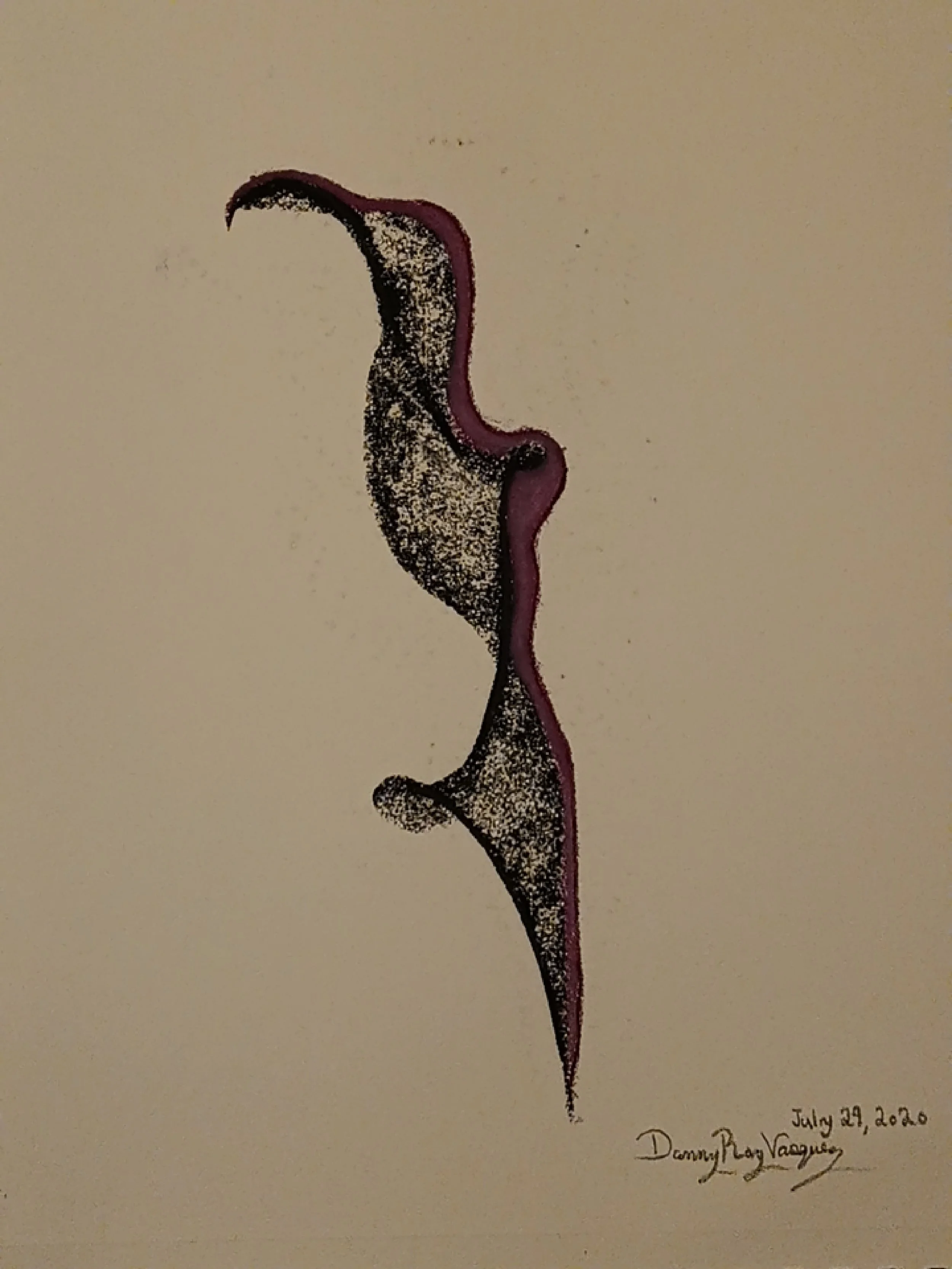 2020 | A dynamic abstract shape is drawn with a bold dark outline featuring a mixture of dark and lighter shading within, against a pale background.