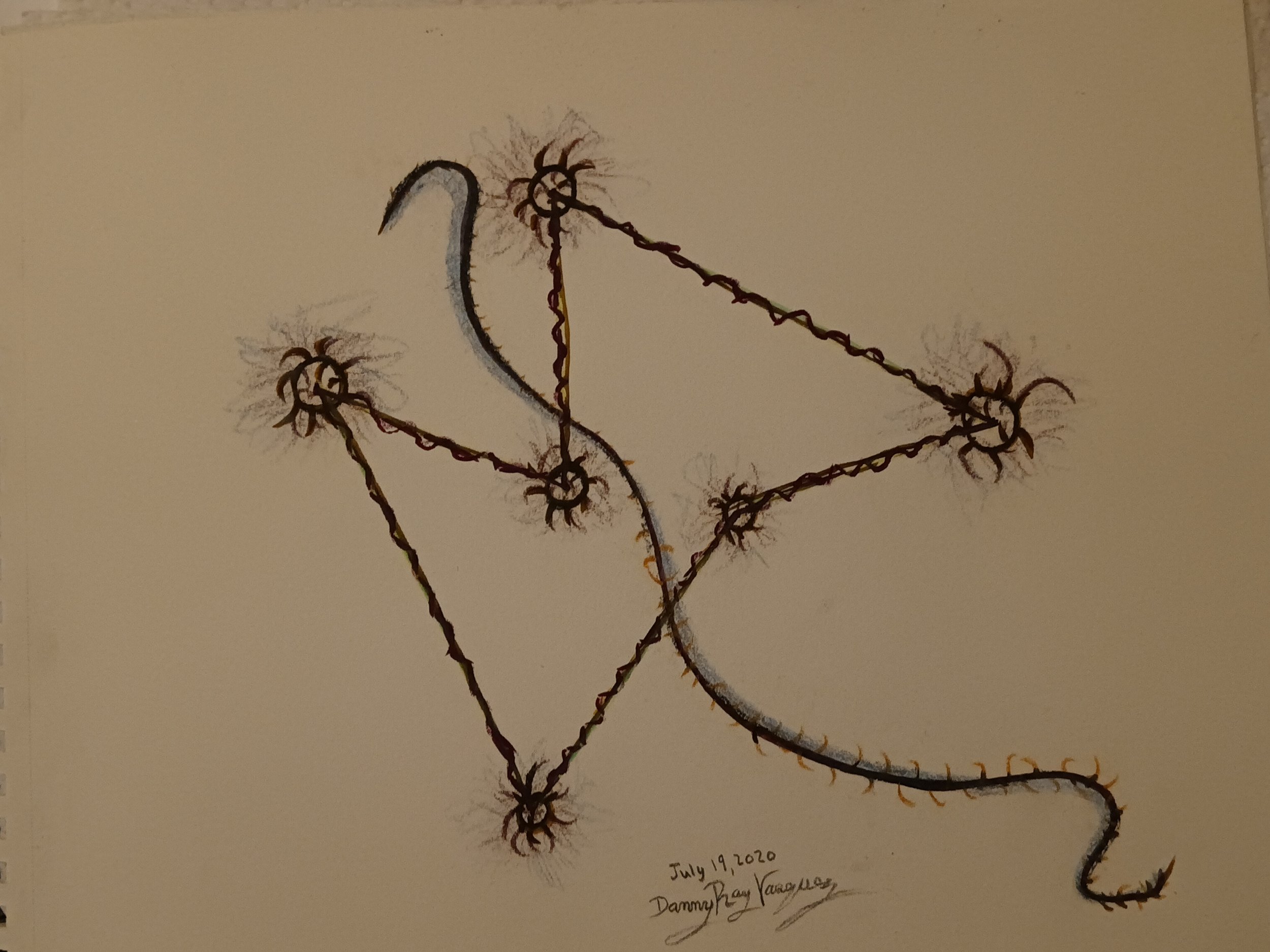 2020 | A series of interlinked chains with barbed ends are depicted against a light background, with each intersection adorned by a fuzzy detail.