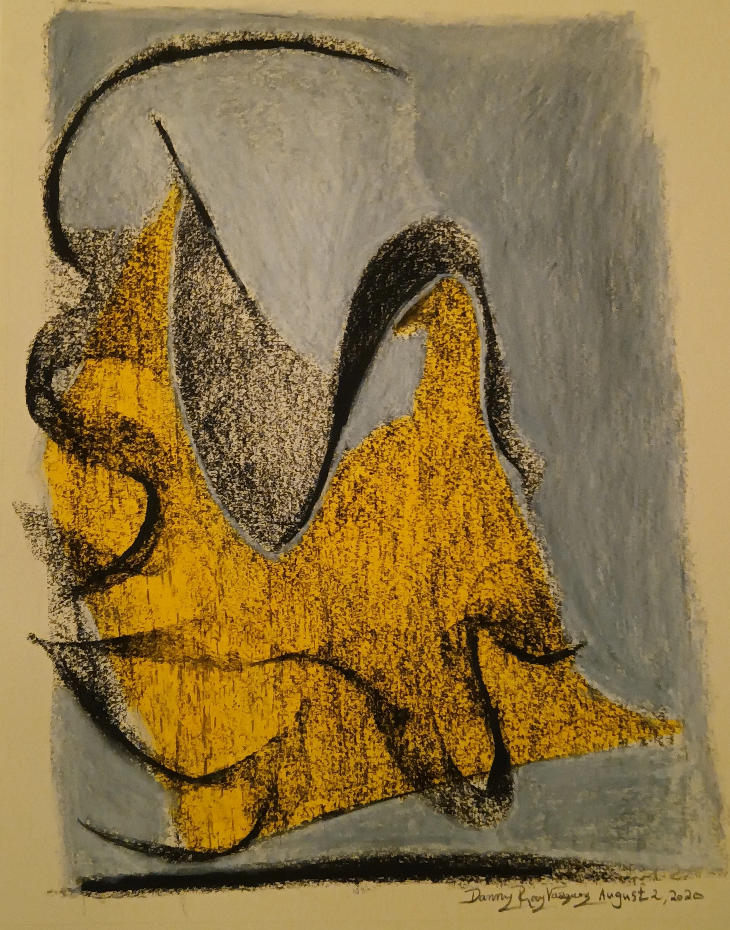 2020 | A vibrant yellow form with rough black outlines is set against a muted grayish-blue background. The piece has an abstract quality and appears to have a heavy texture, which could be indicative of the material used.