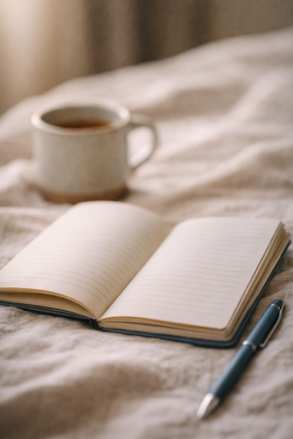 Open blank notebook with lined pages, a silver pen, a white cup of coffee in the background, and soft beige fabric surface.