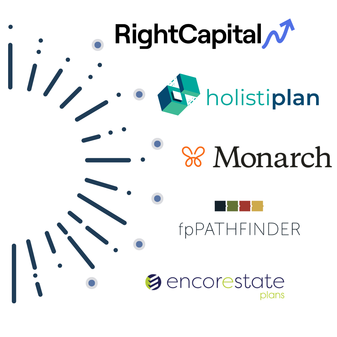 A graphic illustration showing logos of companies or platforms: Right Capital, Monarch, fpPATHFINDER, EncoreEstate, Monarch, with some graphical lines and shapes.