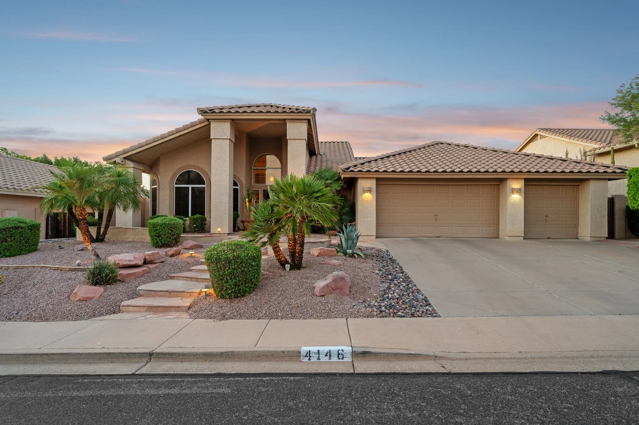 Real estate photography of a Mesa AZ home exterior at sunset