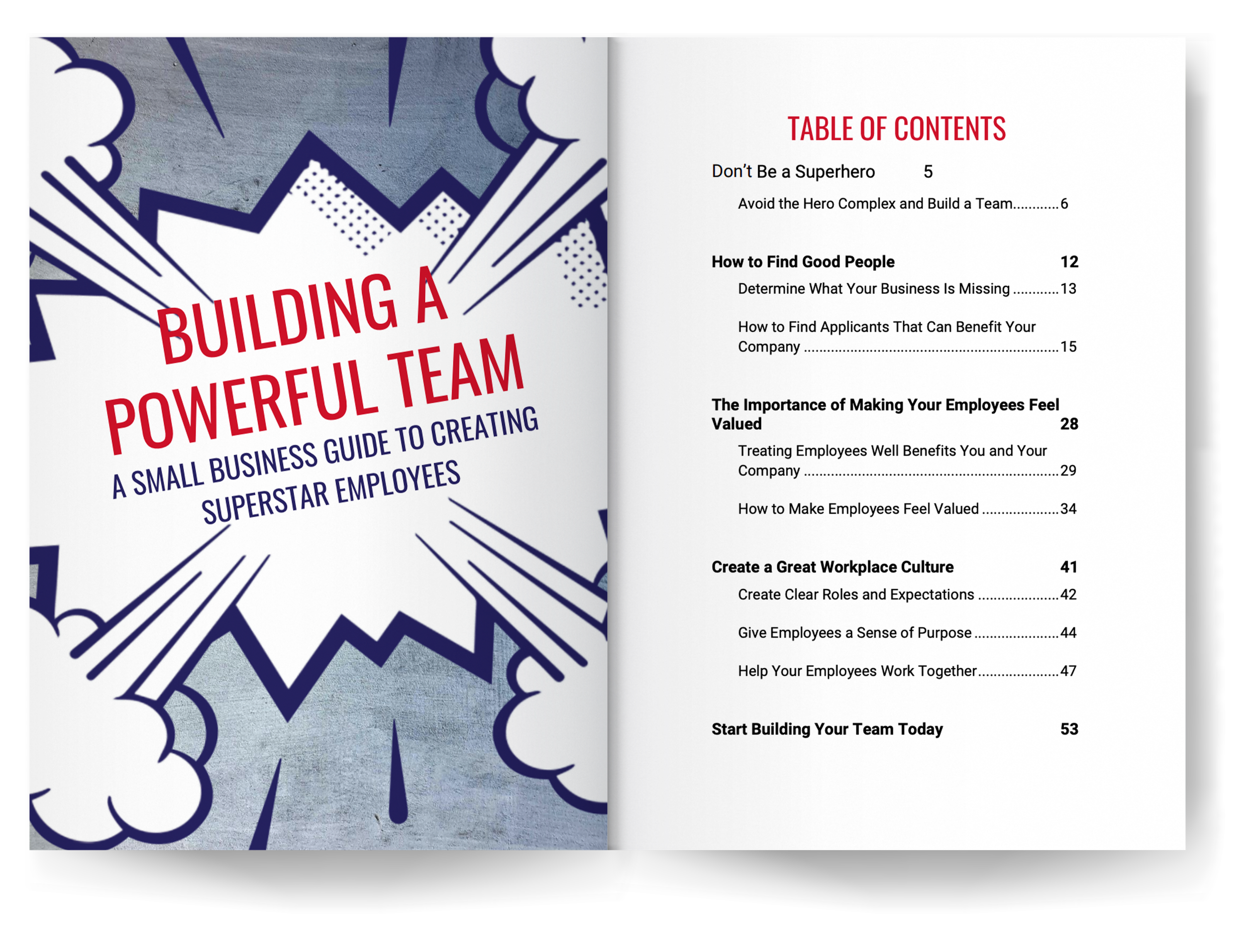 Cover of a small business guide titled 'Building a Powerful Team: A Small Business Guide to Creating Superstar Employees', featuring comic-style graphics and a table of contents.