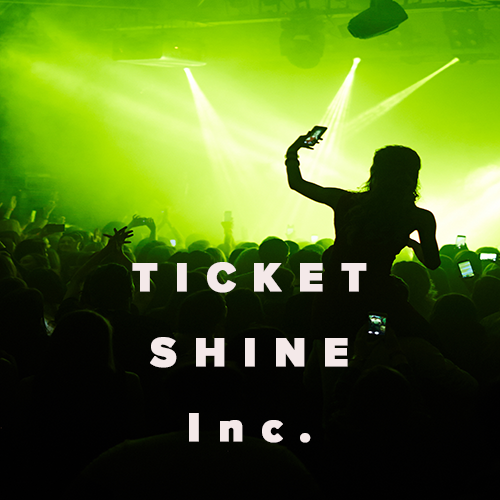Crowd at concert with green lighting, silhouette of a woman taking a selfie, and text reading 'TICKET SHINE Inc.'
