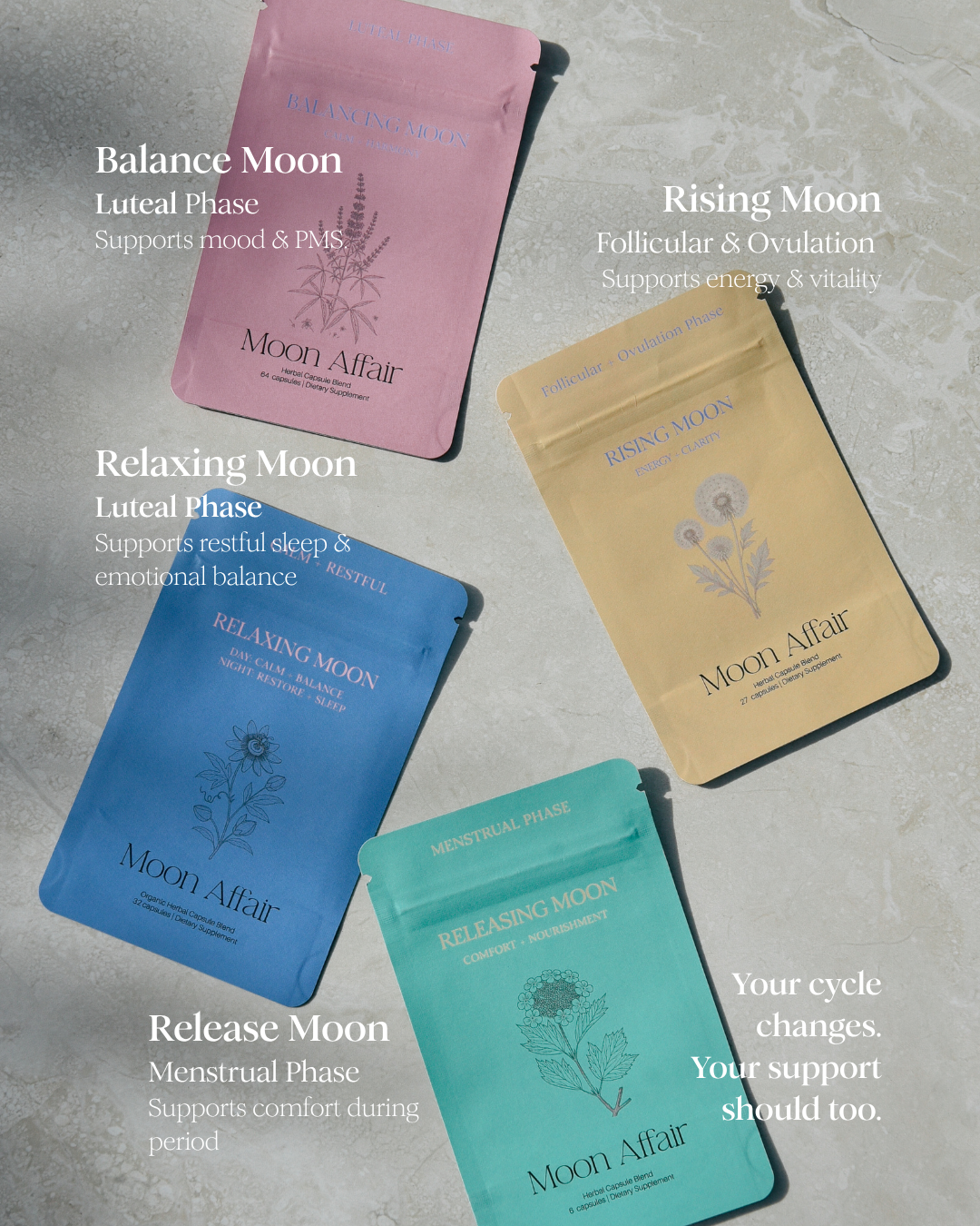 New Moon four-phase supplement blends packaging