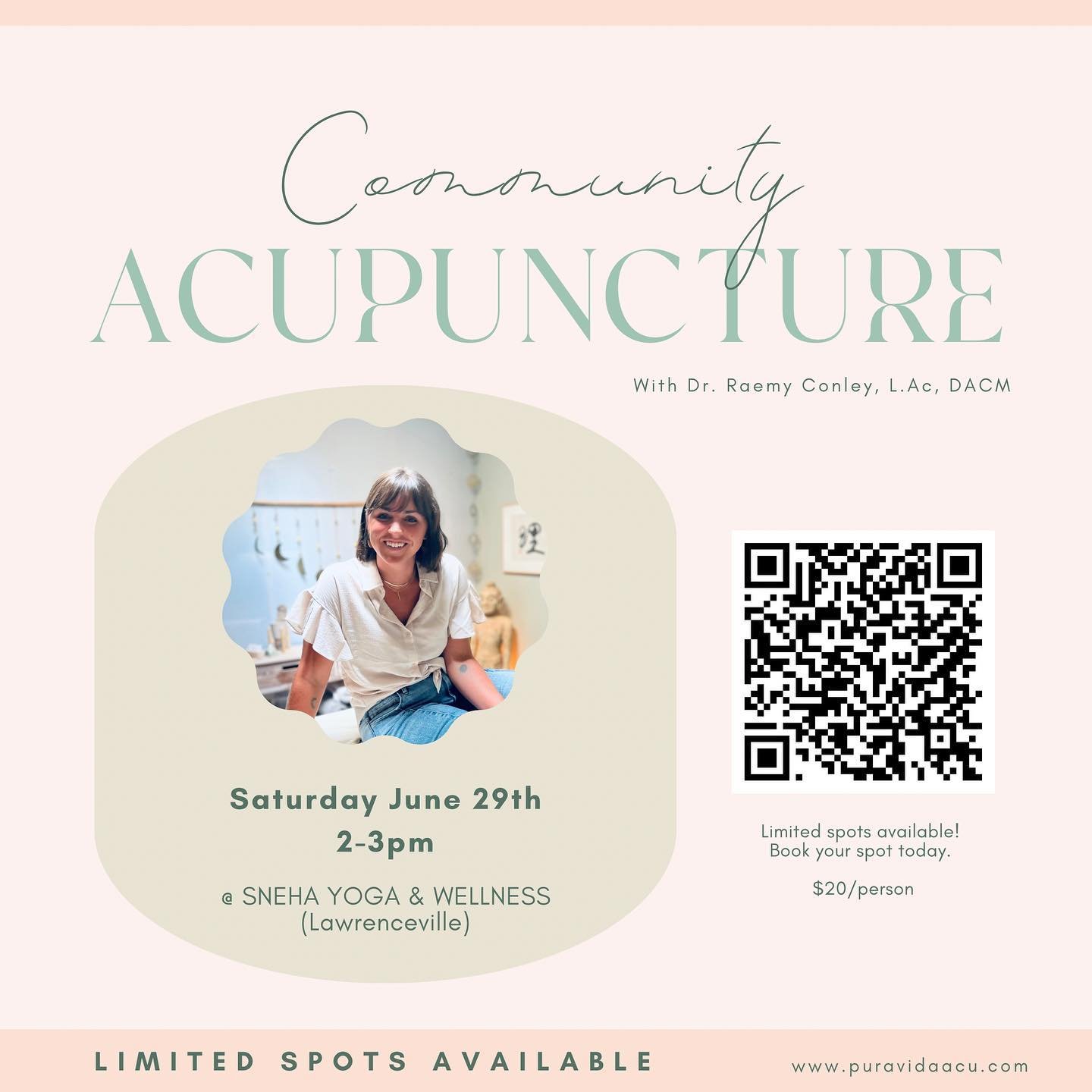 My next COMMUNITY ACUPUNCTURE event is this Saturday 6/27 at the lovely @sneha_collective in Lawrenceville. Come check it out, tag a friend, and visit my link in bio to book your spot - availability is super limited! 
.
.
#communityacupuncture #acupu