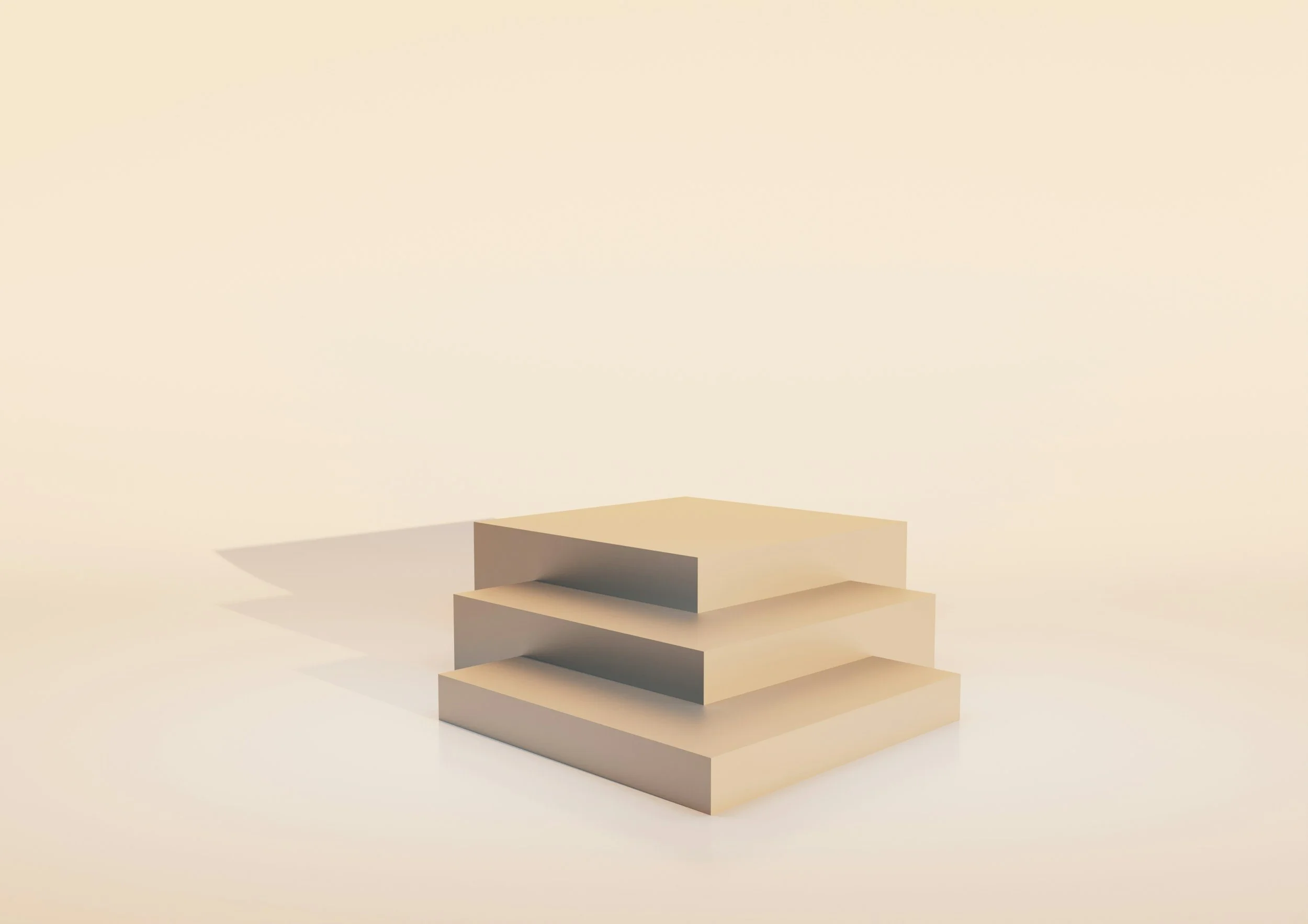 Three beige rectangular platforms of varying heights stacked in a stepped formation on a light-colored surface, background with soft gradient
