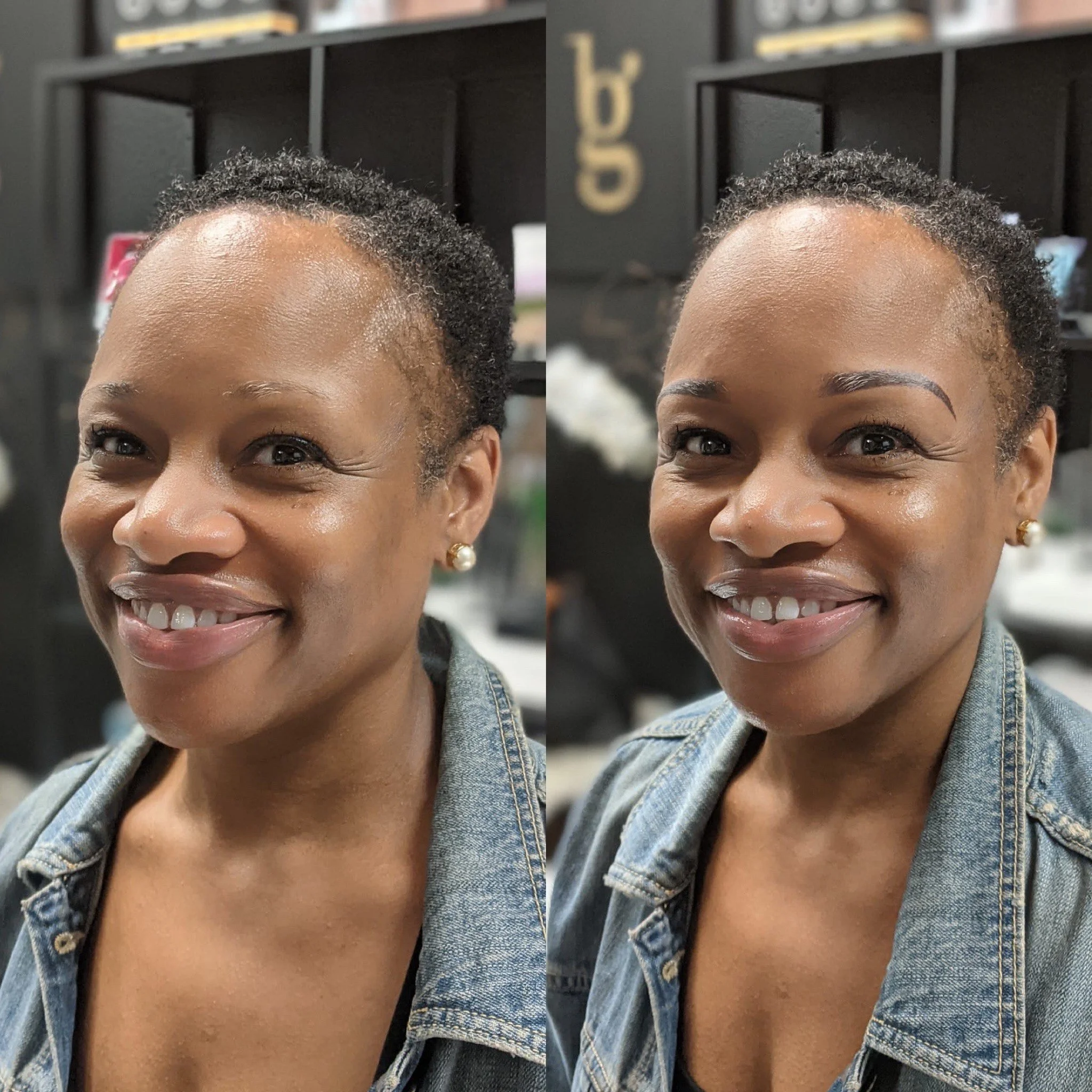 Side-by-side photos of a smiling woman with short, natural hair, wearing pearl earrings and a denim jacket, in front of black shelves with various items.
