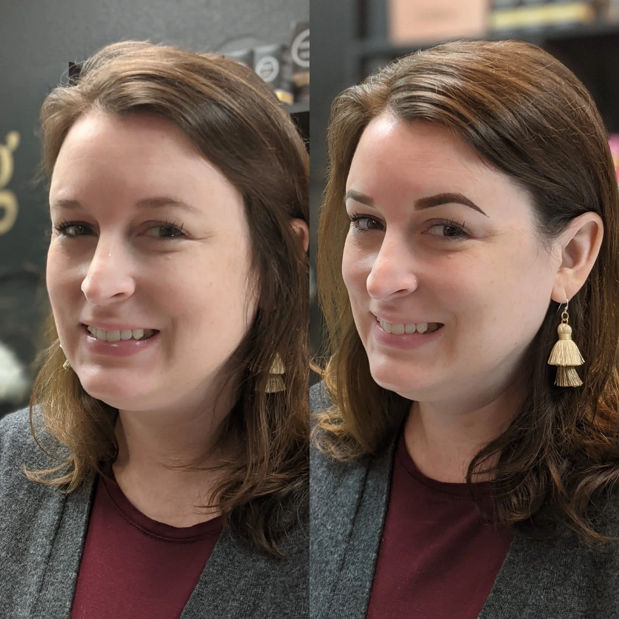Side-by-side comparison of a woman before and after a hairstyle change. In the after photo, her hair is styled with more volume and parted differently. She is wearing a gray blazer, a maroon top, and large tassel earrings.