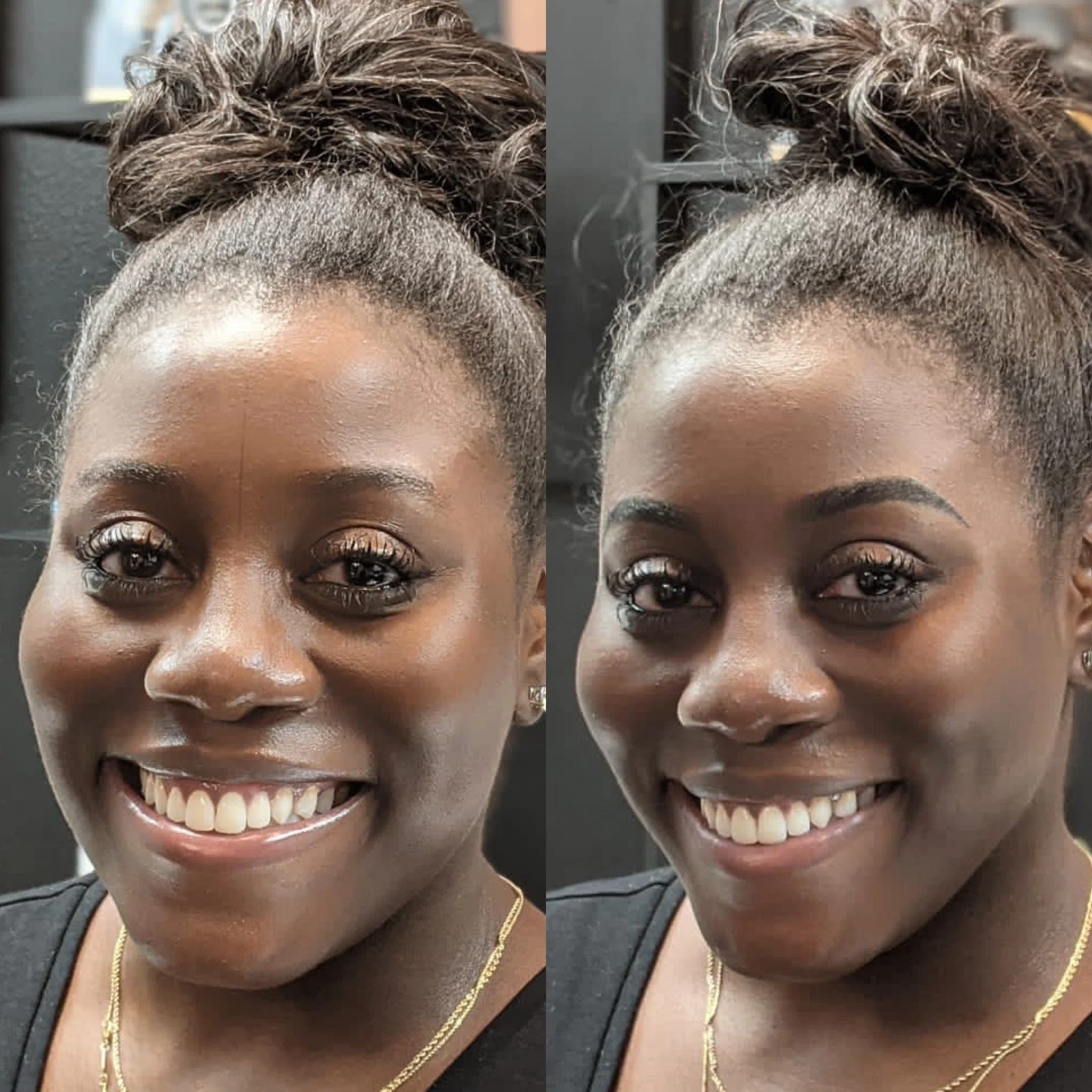 Side-by-side photos of a smiling woman with dark hair styled in a high bun, wearing earrings and a gold necklace.