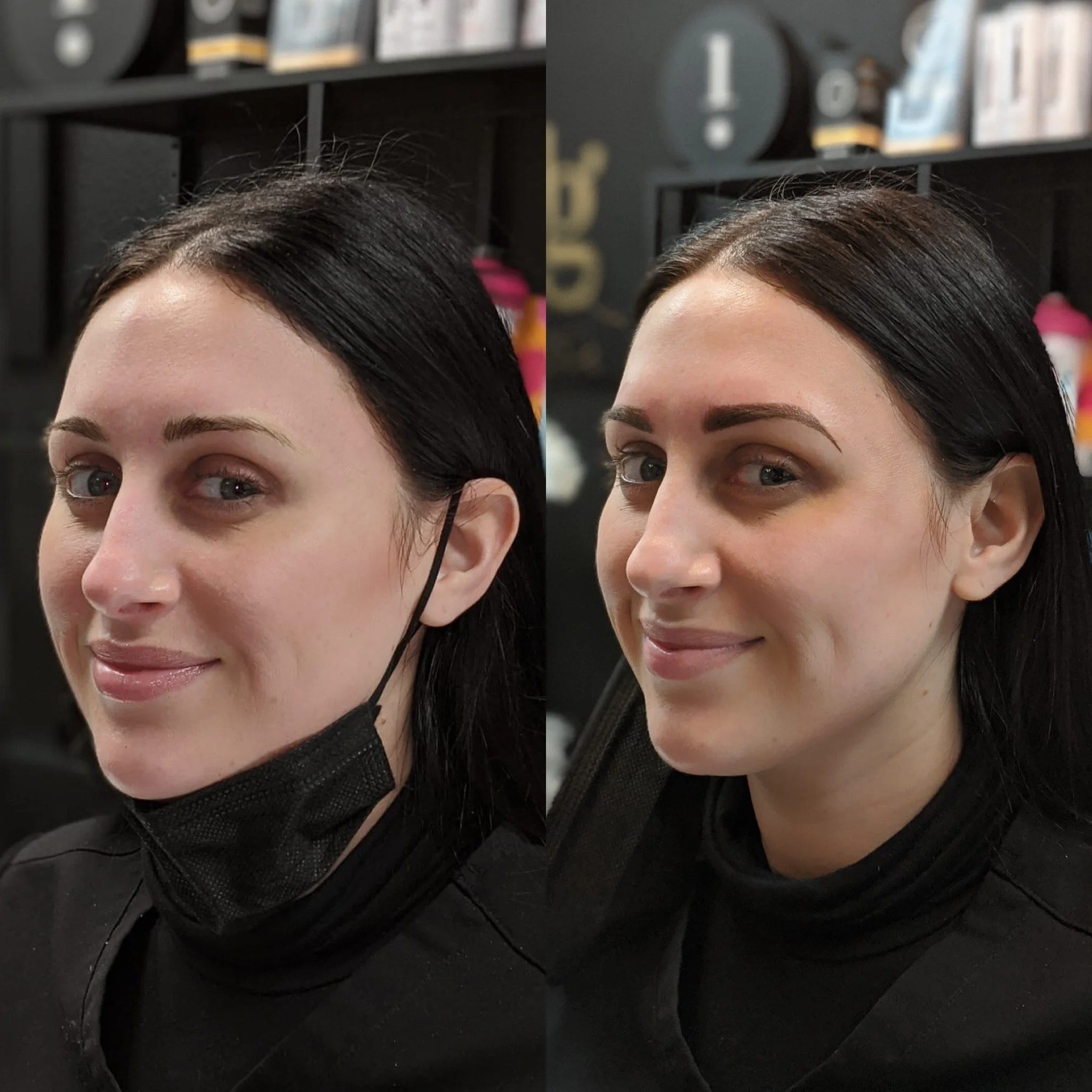Side-by-side comparison of a woman's face before and after a beauty treatment or makeup application, showing improved skin tone and appearance, in a setting with shelves and books in the background.