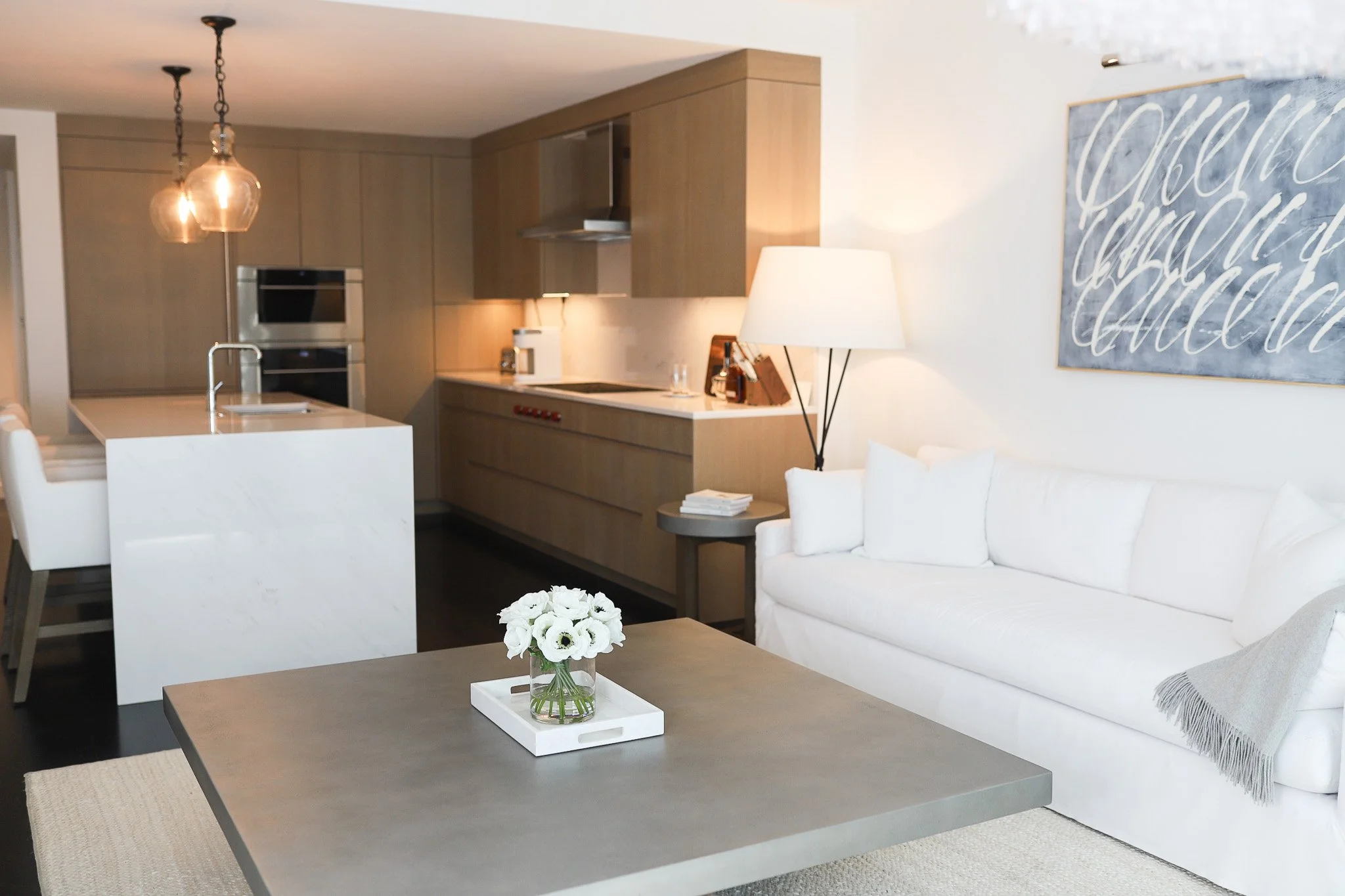 Co yLuxury retreat Style living and kitchen space in Boston, Ma, with natural light, white sofa, wide coffee table and warm light fixtures