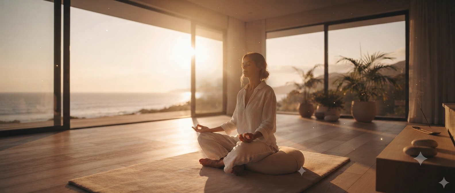 A woman practicing meditation in a bright room with large windows showing a sunset over the ocean.
