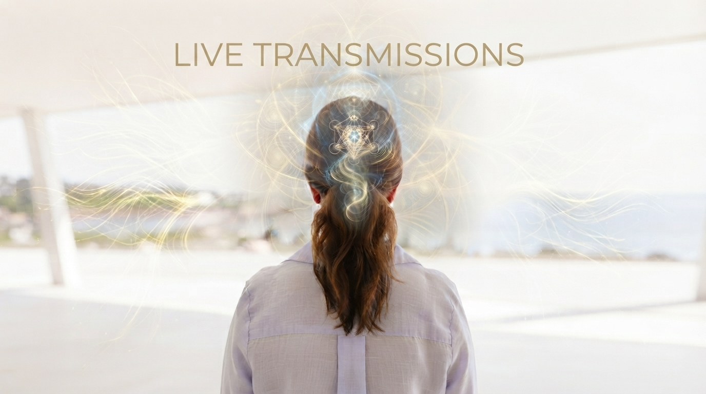 Person viewed from behind with long brown hair, looking out a window with a city and water in the background, overlaid with digital light effects and the words "Live Transmissions".
