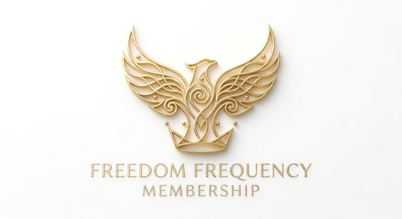 A gold logo of a stylized phoenix with outstretched wings, above the words "FREEDOM FREQUENCY MEMBERSHIP" in gold text, on a white background.