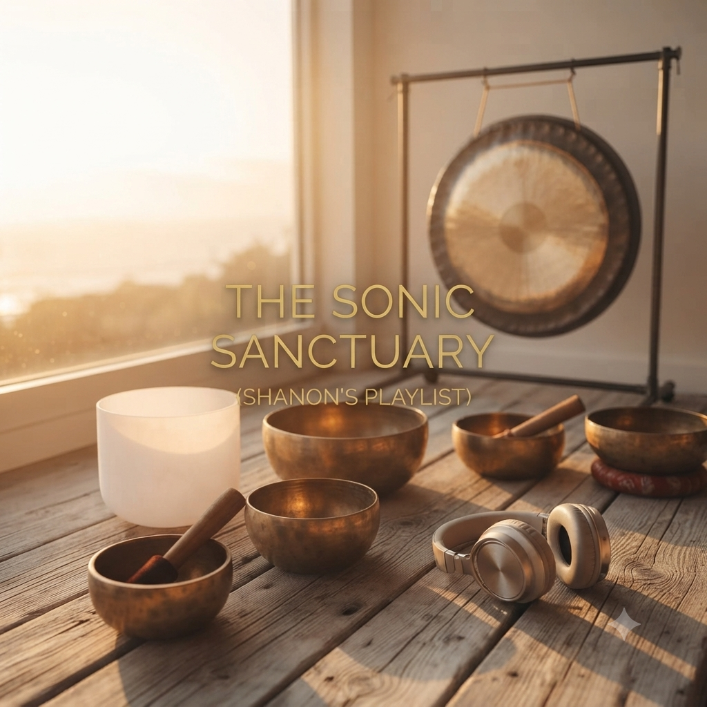 Sunlight streams through a window illuminating a collection of singing bowls, a pair of headphones, and a gong on a wooden surface, creating a serene atmosphere.