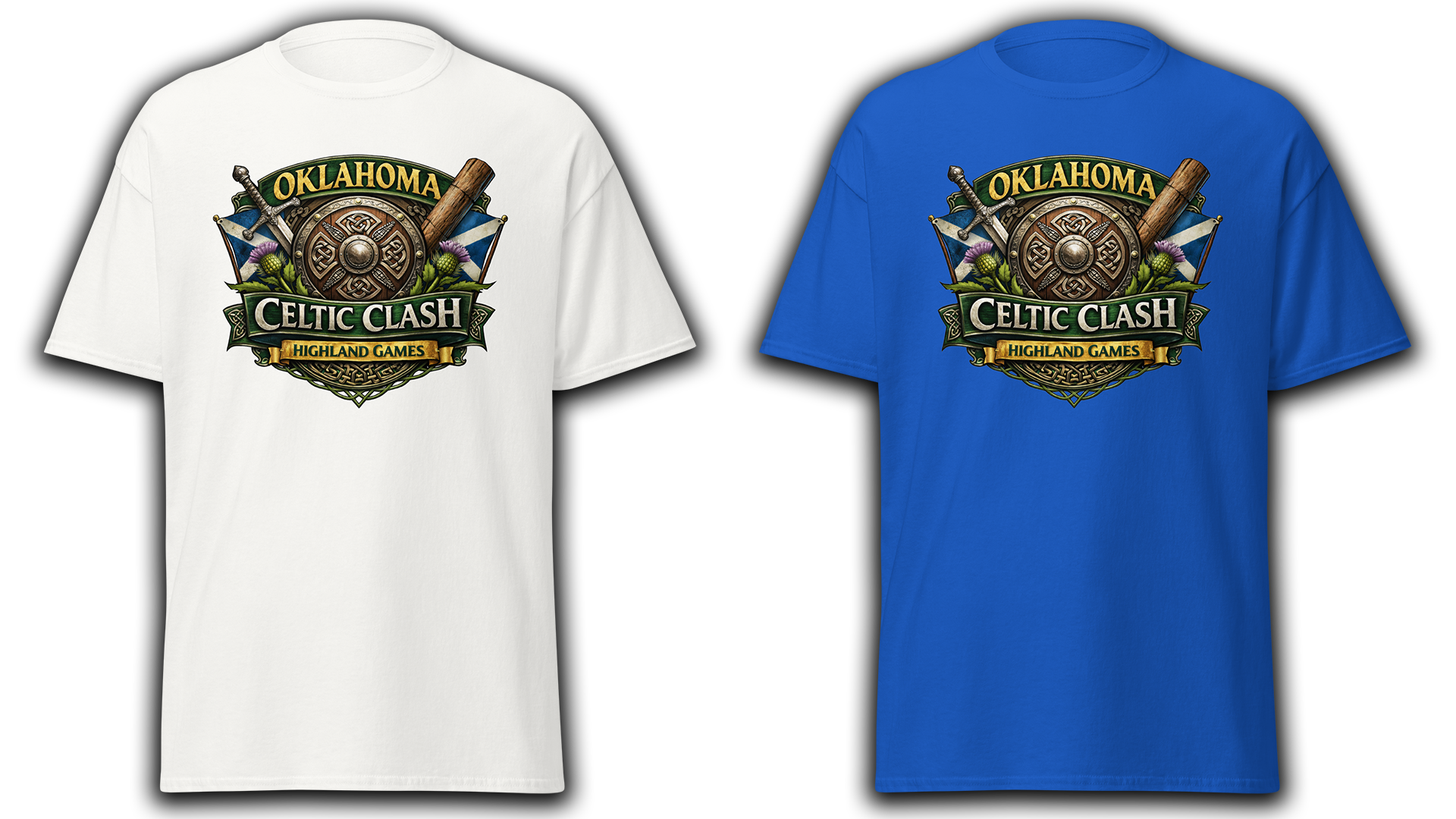 Two T-shirts, one white and one blue, both with a logo for Oklahoma Celtic Clash Highland Games. The logo features a Celtic shield, a sword, a wooden club, flowers, and a banner with the event name.