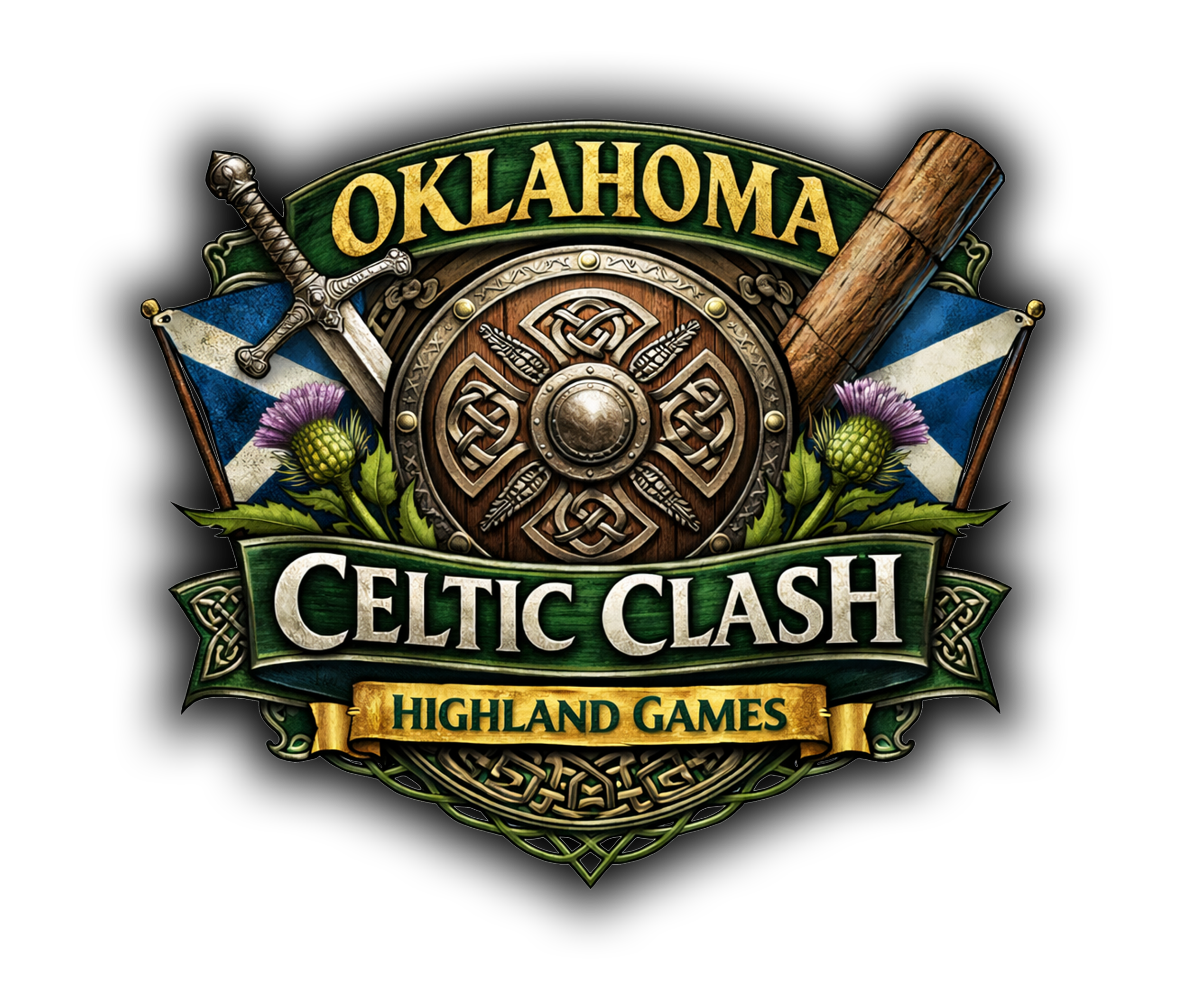 Logo for Oklahoma Celtic Clash Highland Games, featuring a Celtic shield with a sword, arrows, flowers, Scottish flags, and a wooden log.